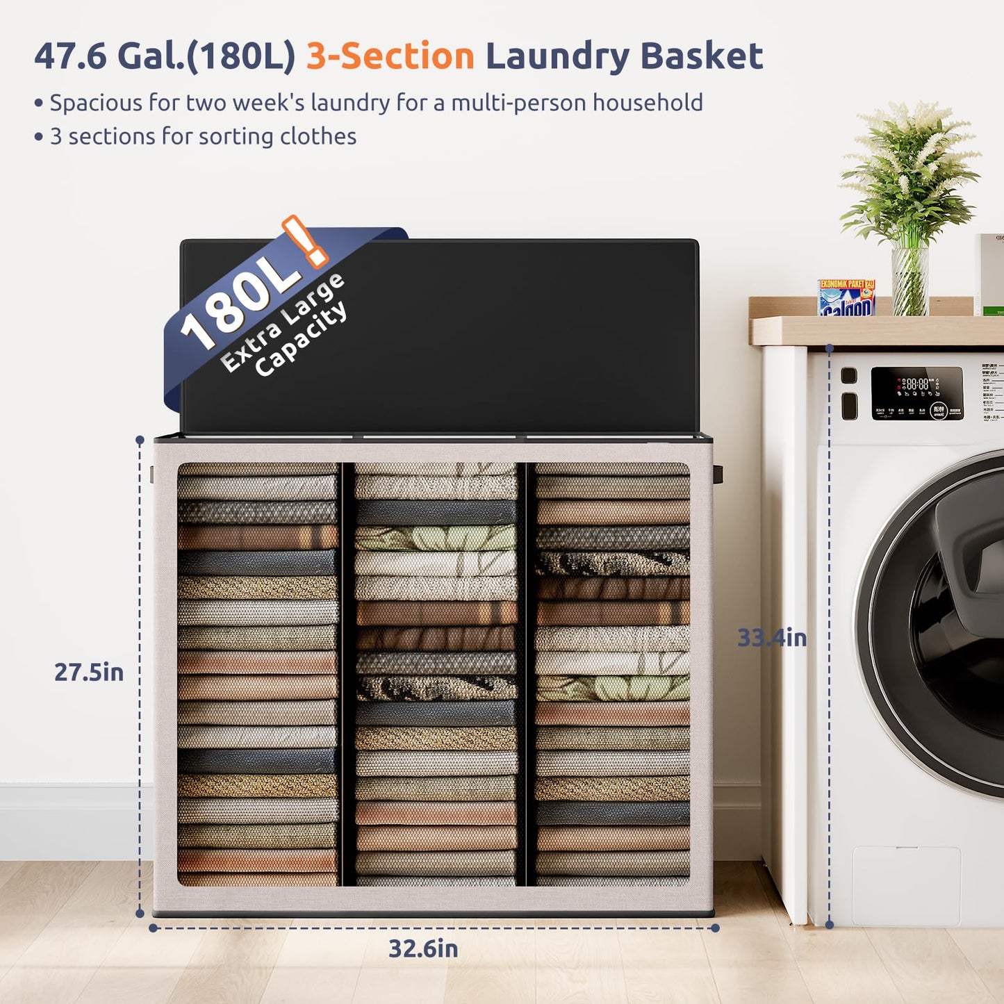 SOLEDI 180L 3-Section Laundry Hamper with Lid, Extra Large Dirty Clothes Basket with Sturdy Handles for Laundry Room & Bedroom - Durable Organizer for Sorting Laundry