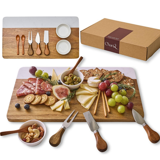 CharQ Charcuterie Board Set - Marble & Acacia Wood Cheese Board and Serving Board Platter, Charcuterie Boards Gift Set for Hosting, Wedding and Housewarming, Bridal Shower Marble Serving Tray