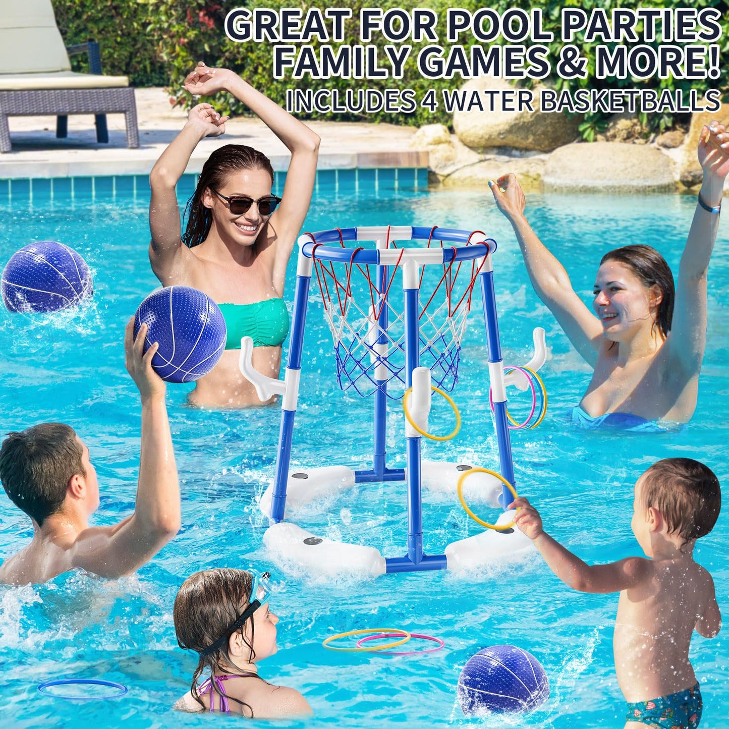 NIPLOOOW Pool Basketball Hoop, 2-in-1 Floating Pool Toys Ring Game with 4 Balls and Pump, Outdoor Swimming Pool Basketball Games Water Play Toy Family Party for Kids Adults Age 3-12 (Blue)