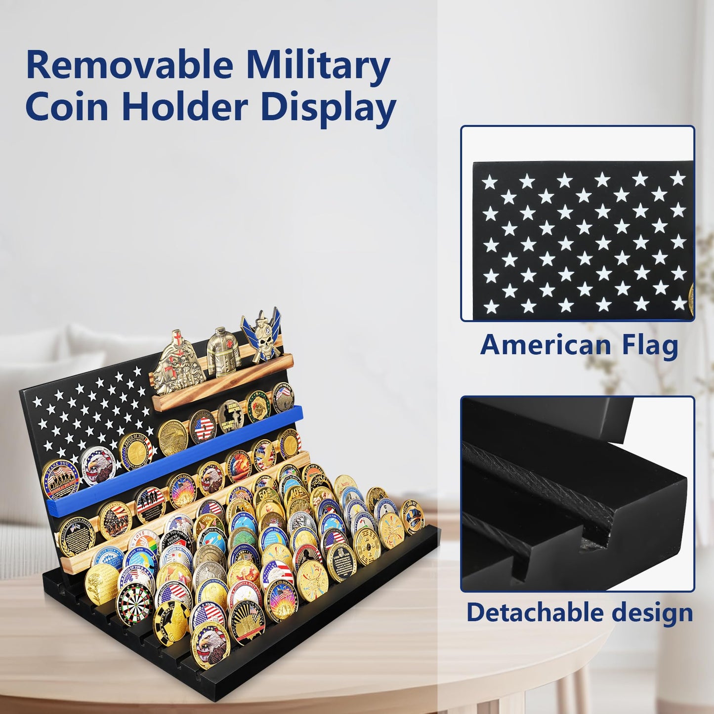 11 Rows Challenge Coin Display, Removable Military Coin Holder Display with American Flag, Wooden Coin Display Case Rack Holds 95-106 Coins,Black