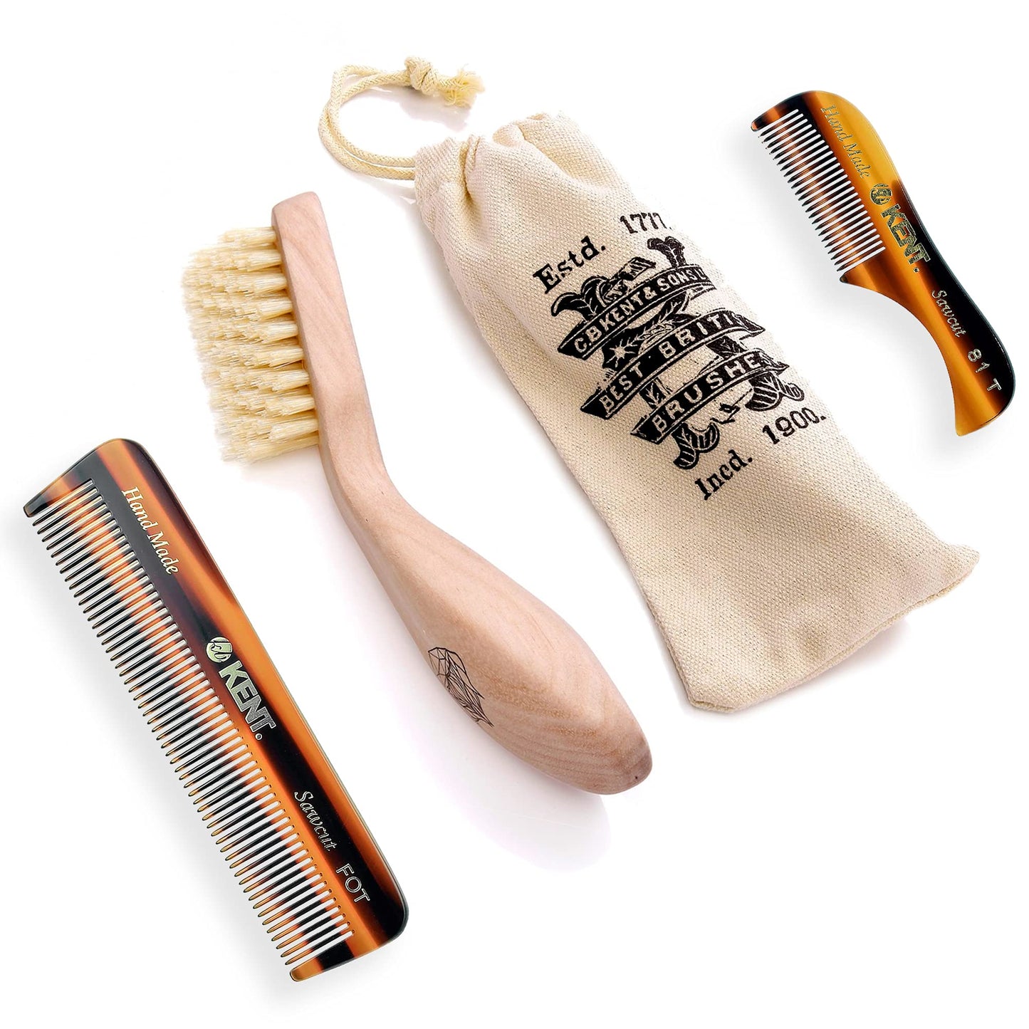 Kent Boar Bristle Beard Brush, Sawcut Comb & Fine Tooth Comb - Grooming & Trimming Kit for Men