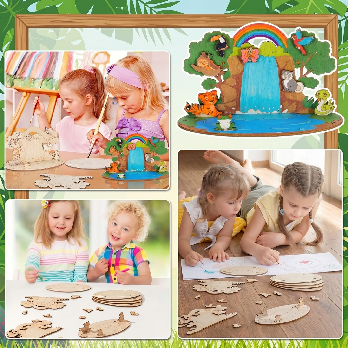 DoubleFill 24 Set 2026 Vbs Crafts Rainforest Animal Themed Craft Kits for Kids DIY Jungle Religious Wooden Cutouts Kit Tropical Animal Multi-Layer Crafts for Sunday School Church Bible Decor