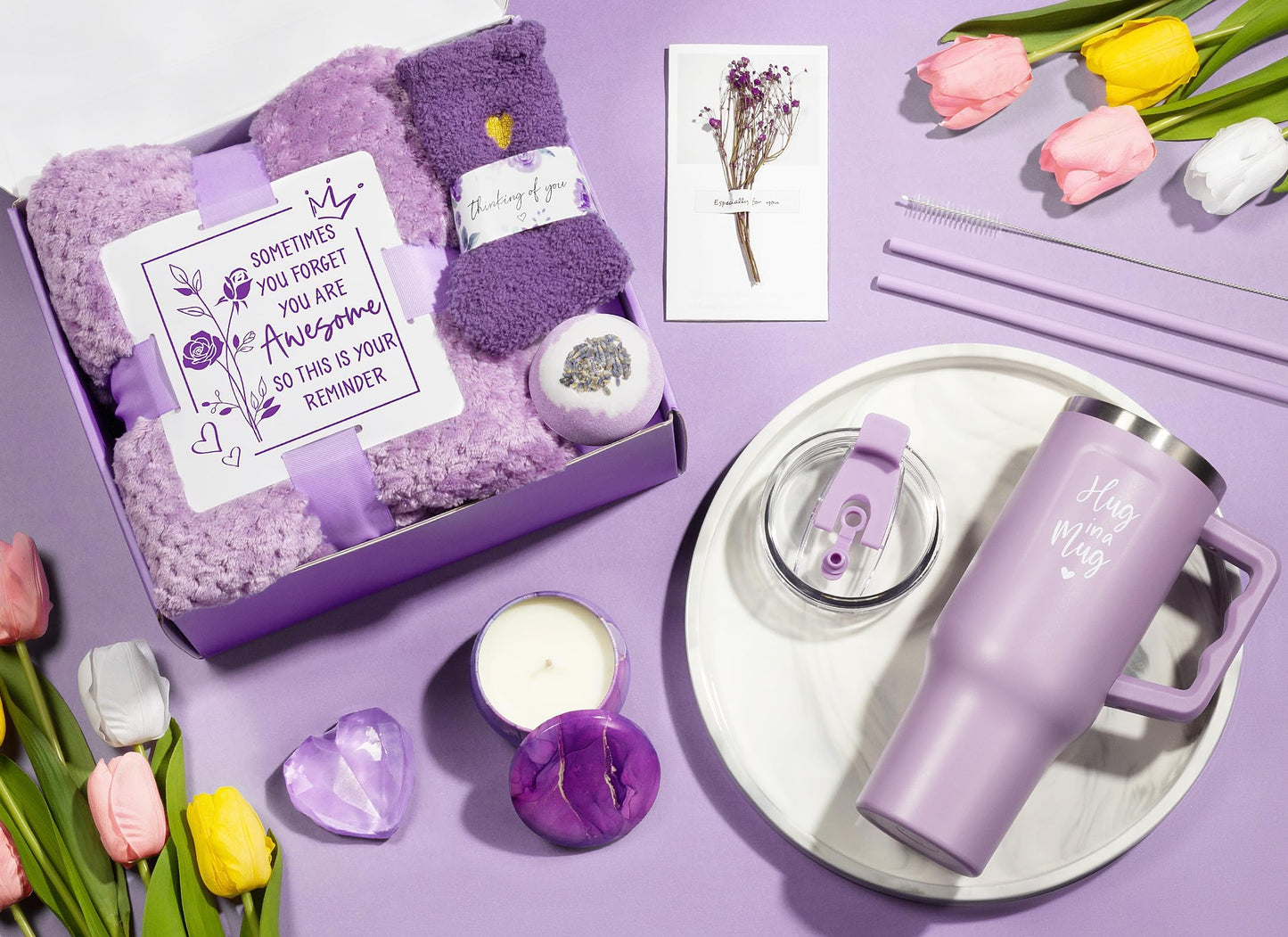 Birthday Gifts for Women Self Care Gifts Get Well Soon Gifts, Lavender Relaxing Spa Gifts Basket Care Package w/ Flannel Blanket 40 OZ Tumbler, Mothers Day Gifts for Mom Her Wife Friends Sister Wife