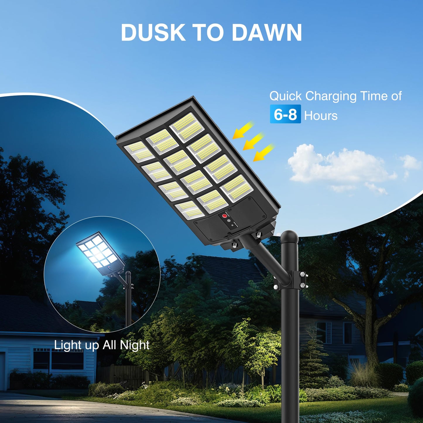 5000W Solar Street Light, Wide Angle Solar Lights Outdoor IP66 Waterproof, 6500K Dusk to Dawn, LED Security Flood Light with Motion Sensor and Remote Control for Residential Commercial Yard