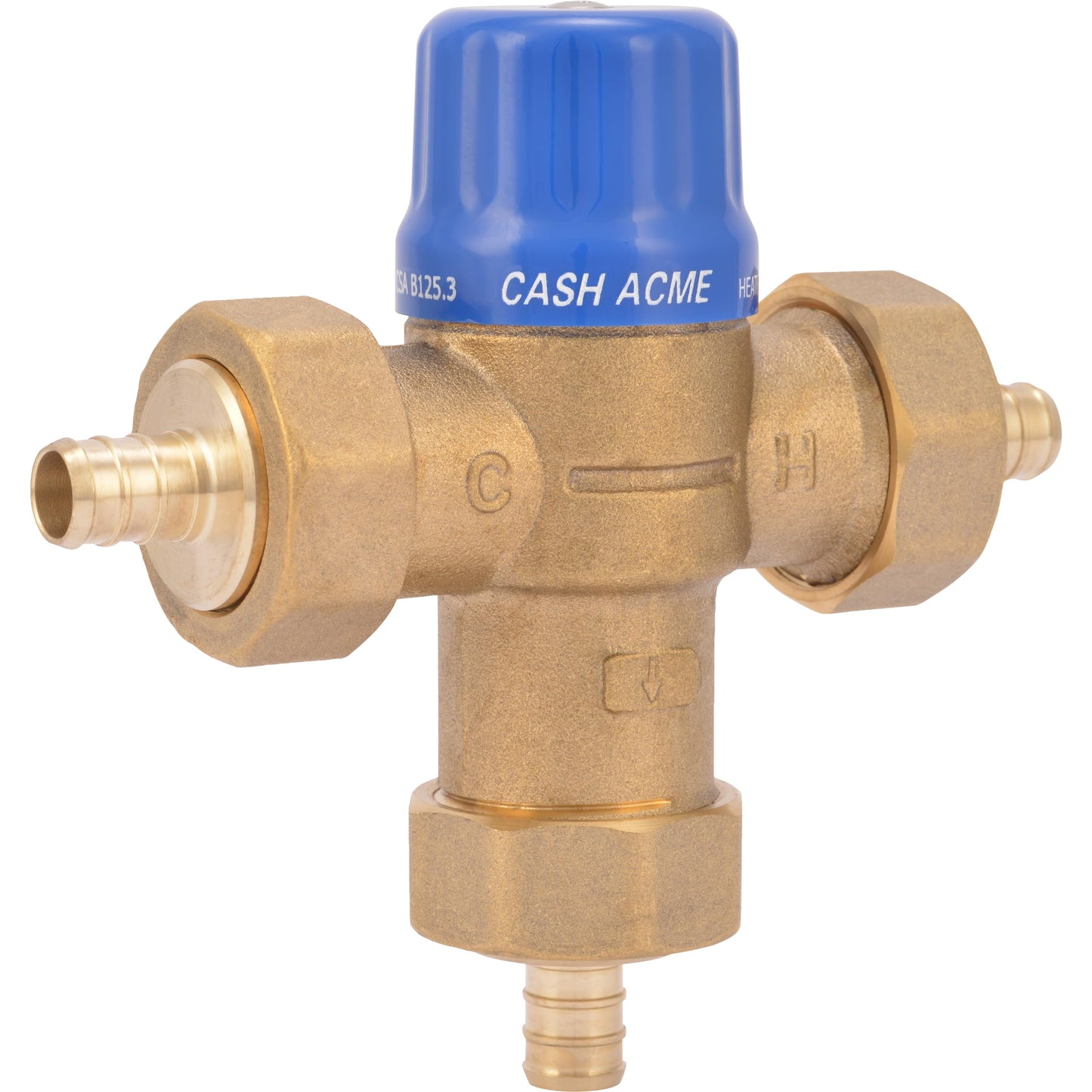 Cash Acme 1/2 Inch HG110 Crimp Thermostatic Mixing Valve with Barb Connections and Integral Checks, Brass Plumbing Fitting, 24506