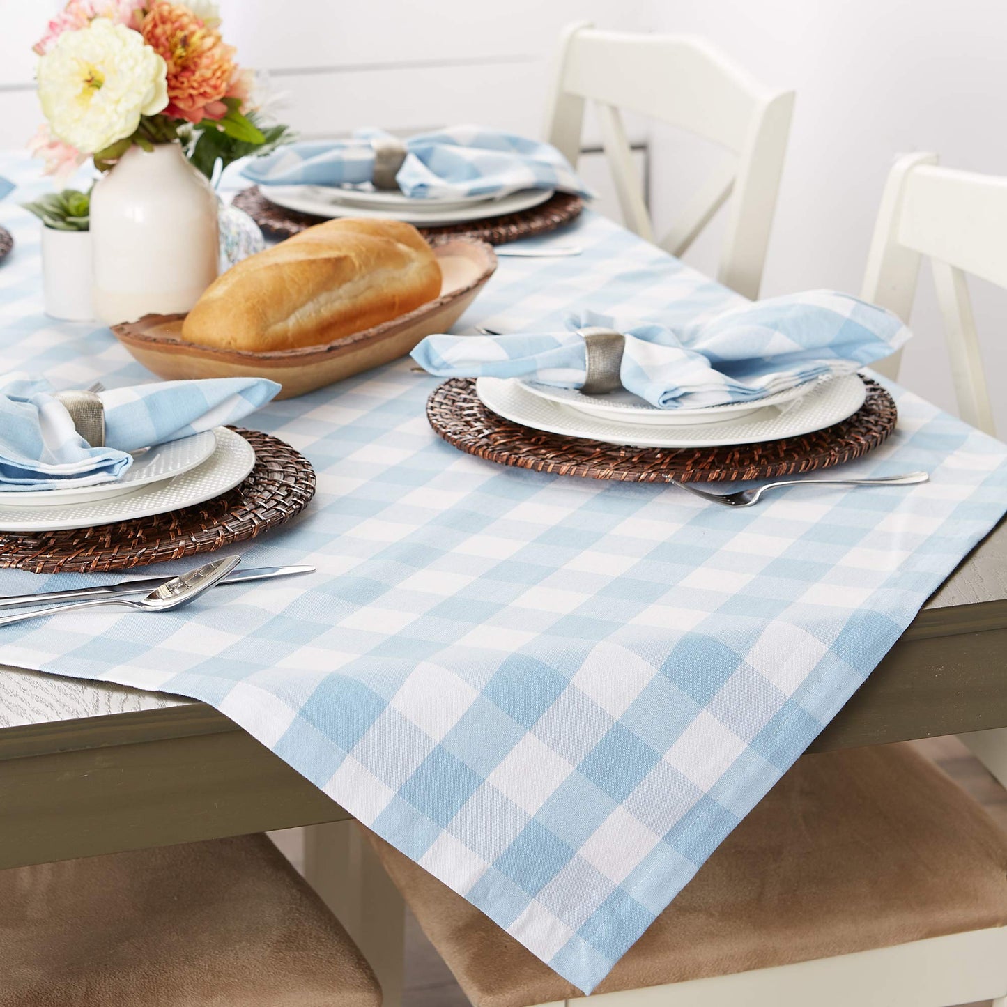 DII Buffalo Check Collection, Classic Farmhouse Tablecloth, 60 x 104, Light Blue & White