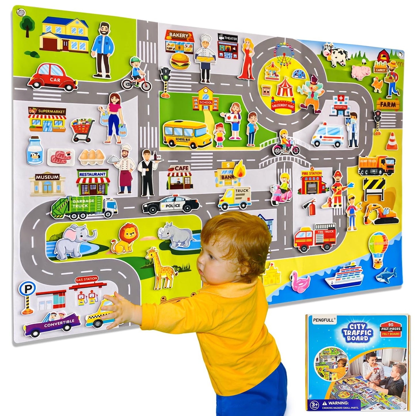 Felt Flannel Board Set for Toddlers,95 Felt Story Pieces,40*28in Wall Flannel Board ,My City Life Story,City Transportation Vehicles,Career Image Dress-Up,Zoo,Learning Interactive Storytelling