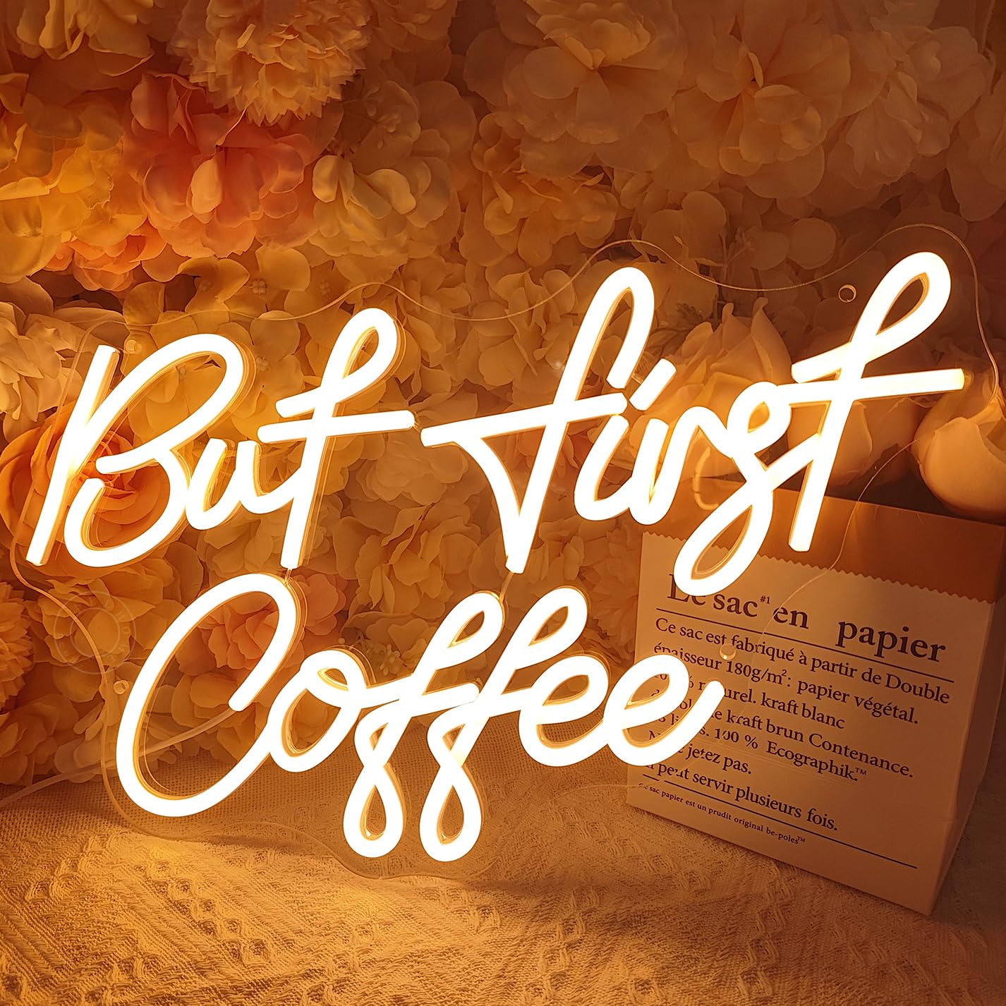 SYLHOME But First Coffee Led Neon Light Signs 5V Home Bedroom Kitchen Office Wall Decor Sign for Coffee Cafe Bar Party Living Room Sign Gifts Warm White USB 17" X 10.2"
