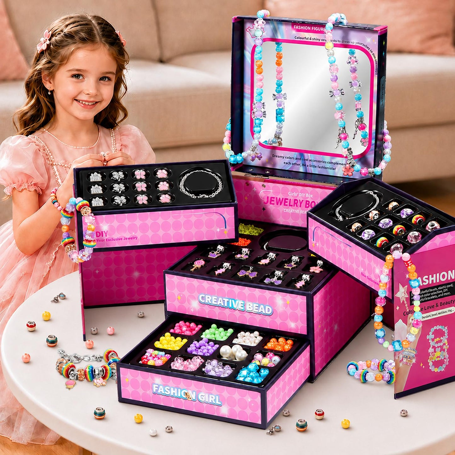 JeeMoien Charm Bracelet Making Kit for Girls 5 6 7 8-12, Friendship Bracelet Kit DIY Craft Jewelry Making Kit Birthday Gift Toy for 6 7 8 9 10 11 Year Old with Portable Jewelry Box, Pink