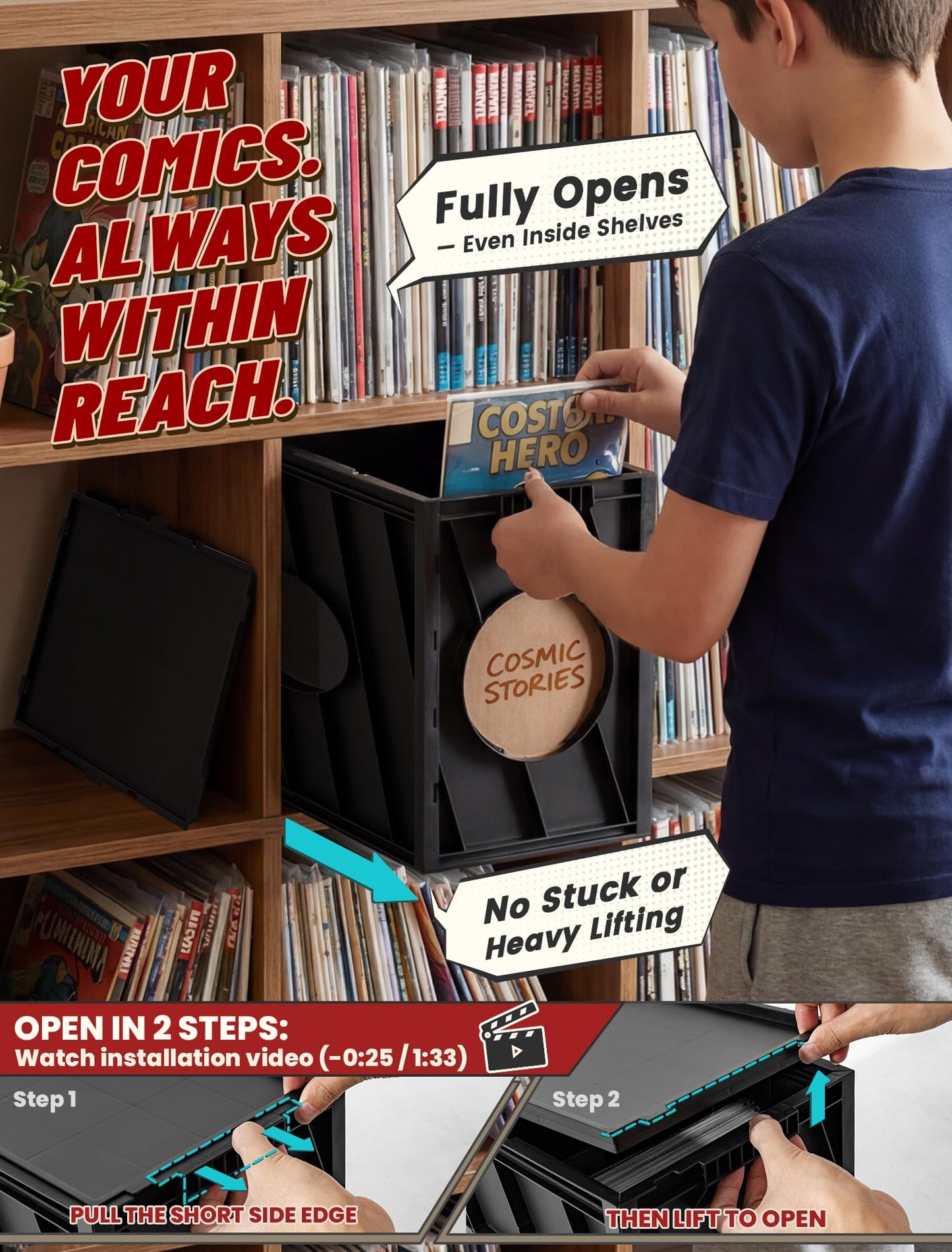INMAKER Comic Book Storage Box, Holds Up to 150 Comics, Acid Free Plastic Book Bin with 2 Adjustable Dividers (Matte Black)