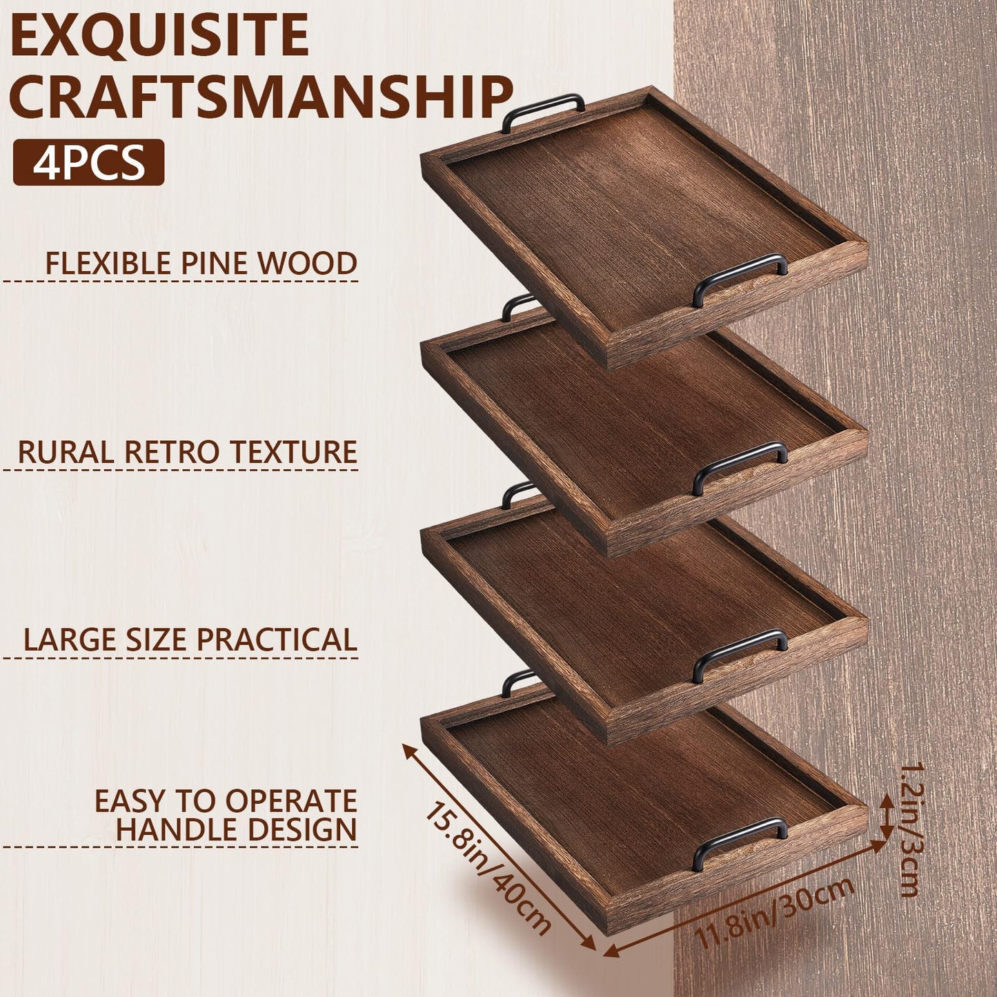 Lallisa 4 Pcs Large Wooden Serving Trays Decorative 15.75 x 11.81 x 2.36 Inch Ottomantray Rustic with Handle for Banquet Party Rectangular Lap Tray for Breakfast Coffee Table Picnic Bed Eating