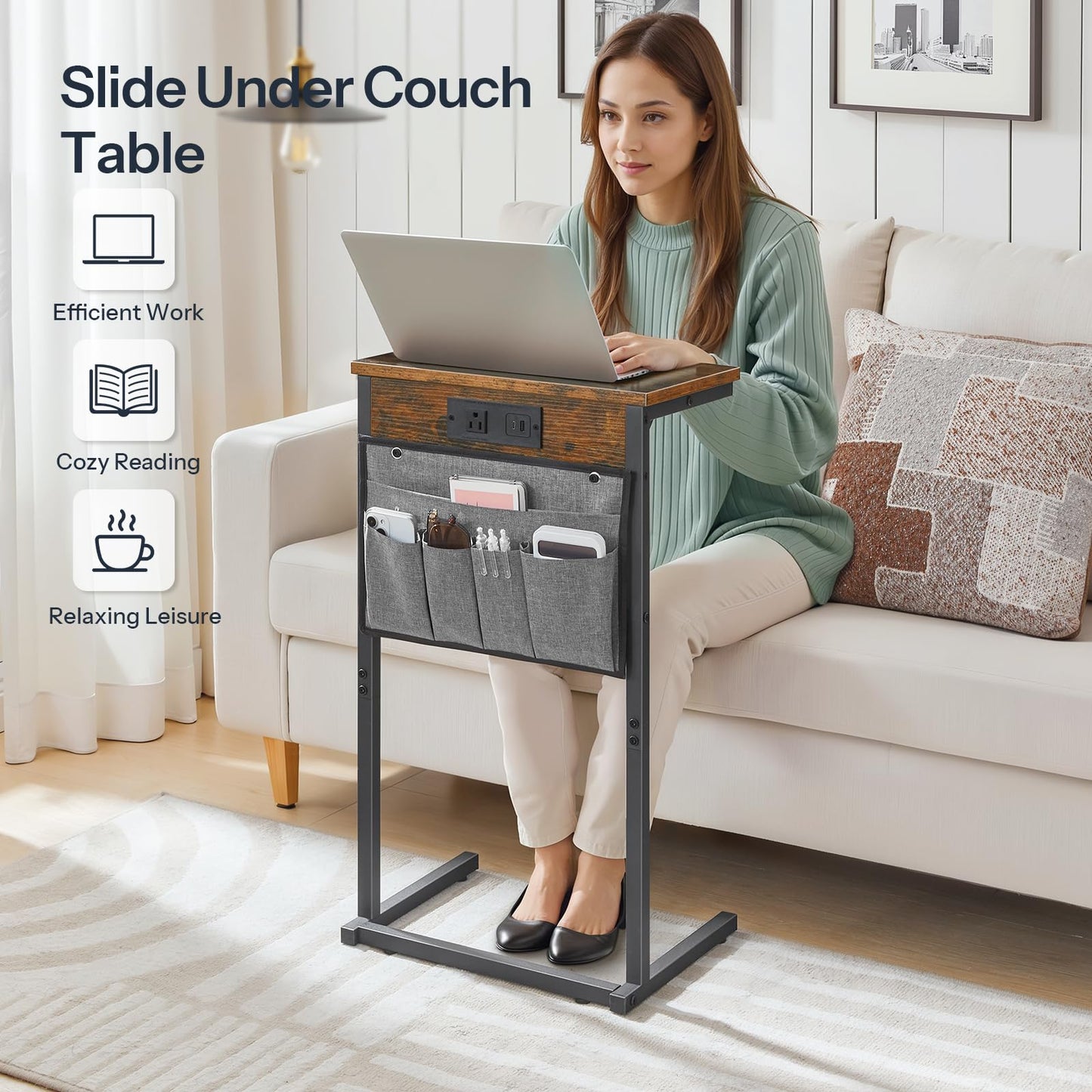 HOOBRO C Shaped End Table with Charging Station, 28" H Couch Side Table Slide Under, Sofa Arm Tray Table with Storage Bag for Living Room, Recliner, Rustic Brown BF70USF01