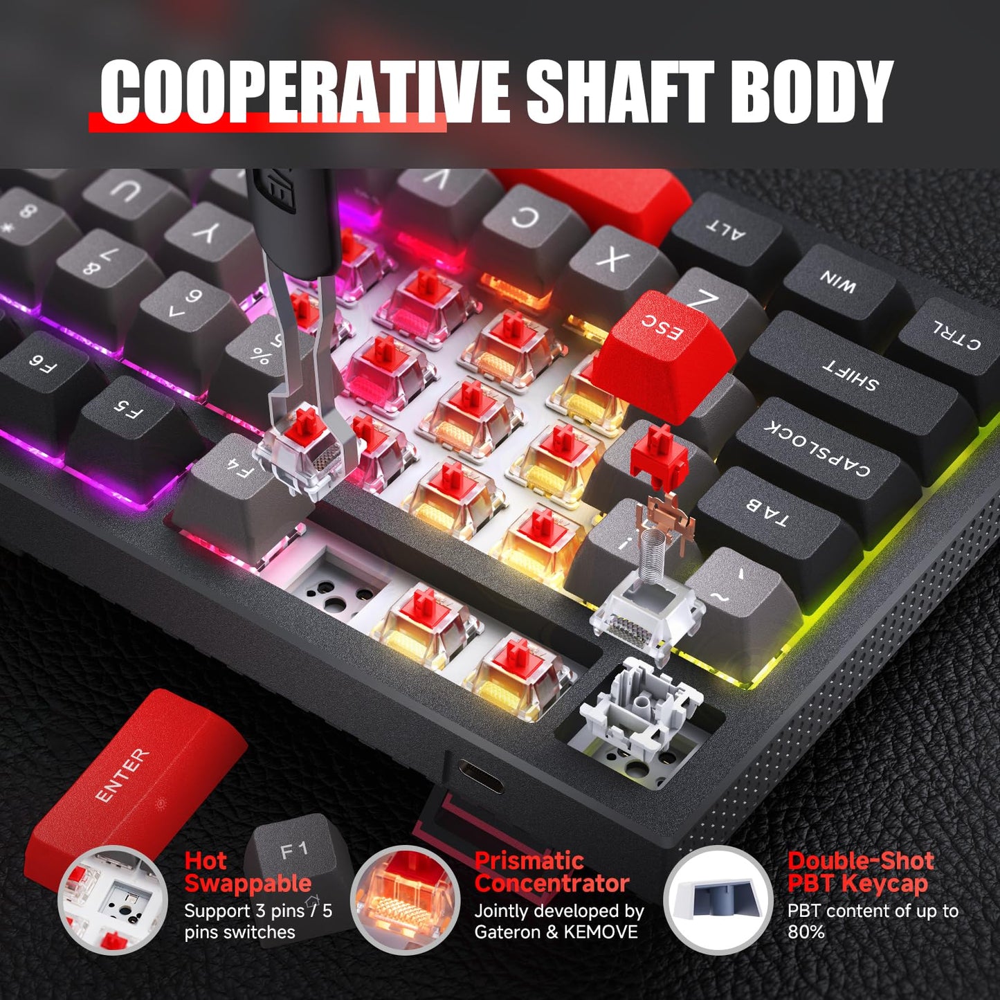 KEMOVE K98 Wireless Gaming Mechanical Keyboard with BT5.0/2.4G/Type-C,RGB Backlight,98 Keys Hot-Swappable,4000mAh Massive Battery,Software Support,Diamond Silence Red Switch