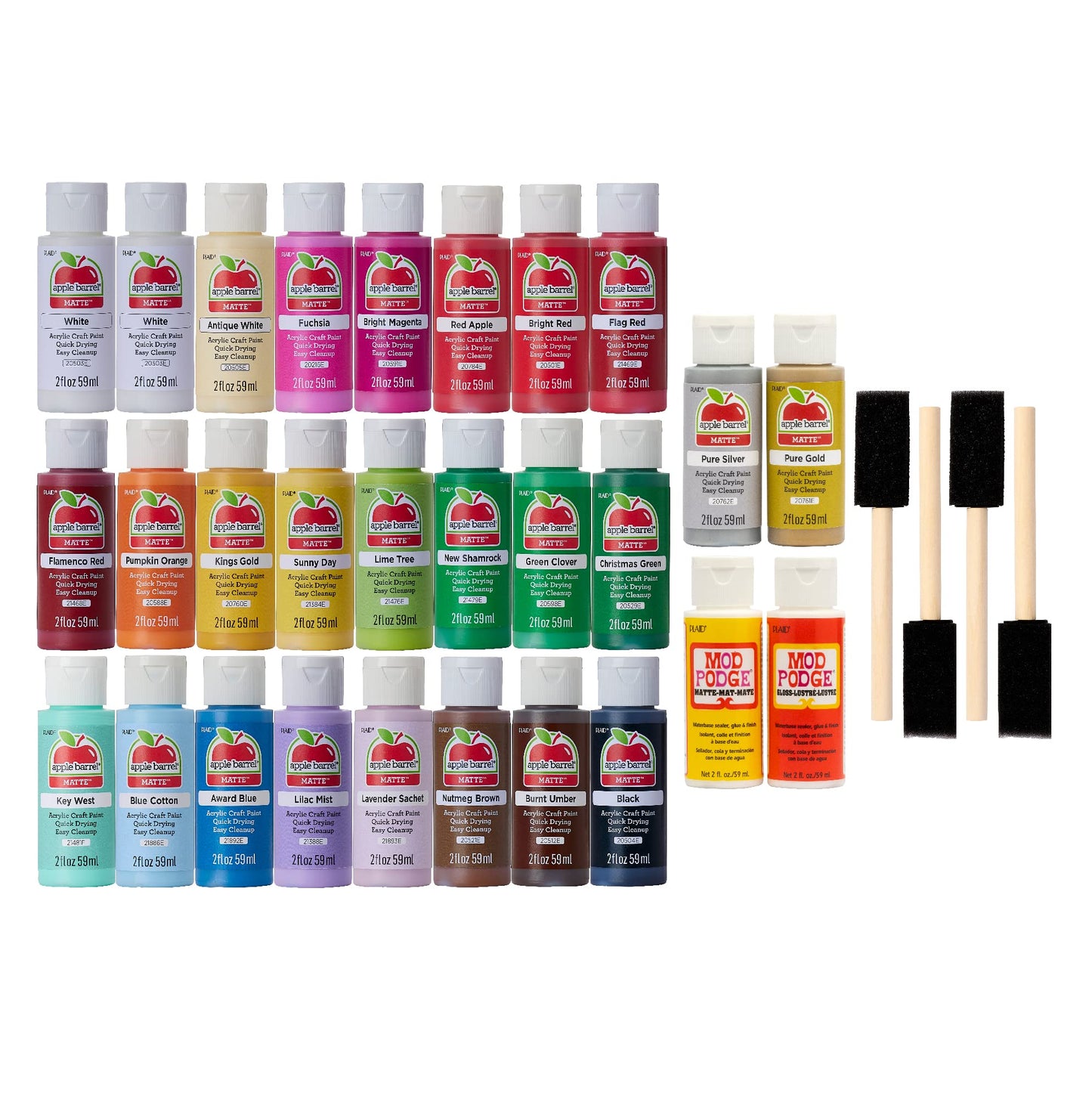 Apple Barrel, PROMOABMP22 Holiday Acrylic Paint Set, 32 Piece, 26 Apple Barrel Paints, 2 Mod Podge Acrylic Sealers and 4 Foam Brushes