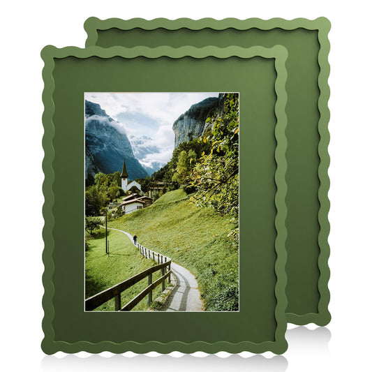 Chrspk 11x14 Wavy Picture Frame With Mat For 8x10, Wavy Edge Wooden Picture Frame with Real Glass - Wall Mount Display, Green, 2 Pack