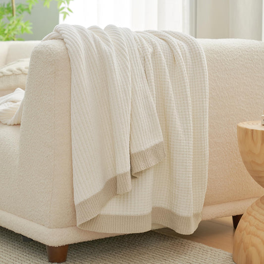 Amélie Home Chenille Waffle Queen Size Bed Blanket, Reversible Soft Cozy Knit Blanket Lightweight Warm Decorative for Bedroom, 90"x90", Ivory