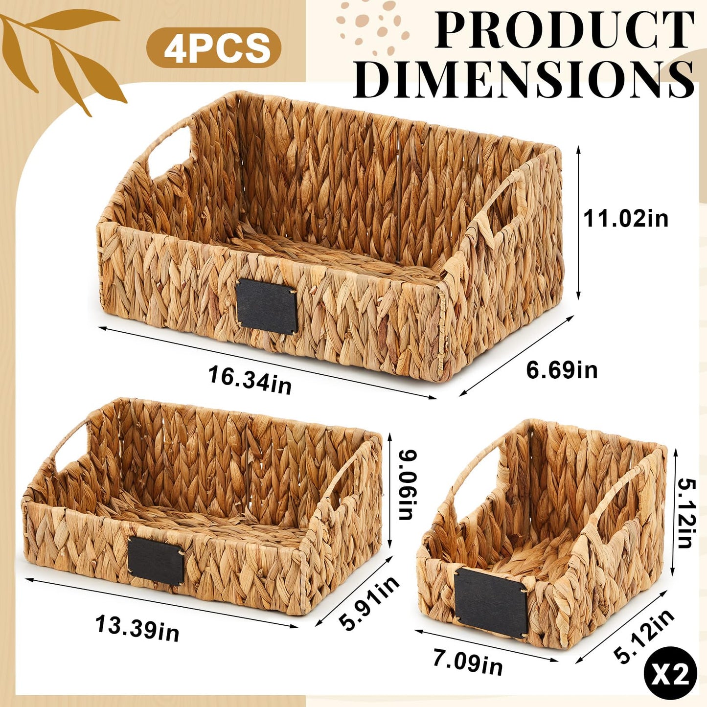 Wonderjune 4 Pcs Natural Water Hyacinth Storage Baskets Set Stackable Handwoven Wicker Storage Bins with Chalkboard Label Built-in Handles Woven Container Basket Kitchen Storage Baskets for Shelves