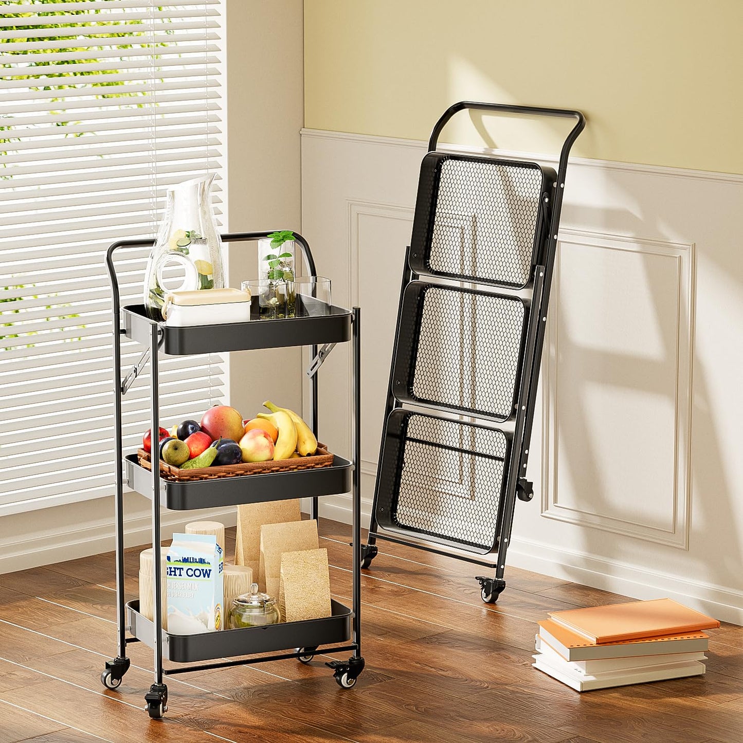 JAQ No Assembly Foldable Rolling Cart, 3 Tier Black Metal Folding Utility Cart with Handle, Heavy Duty Mobile Storage Organizer on Wheels for Office, Garage, Tools & Kitchen (Black)