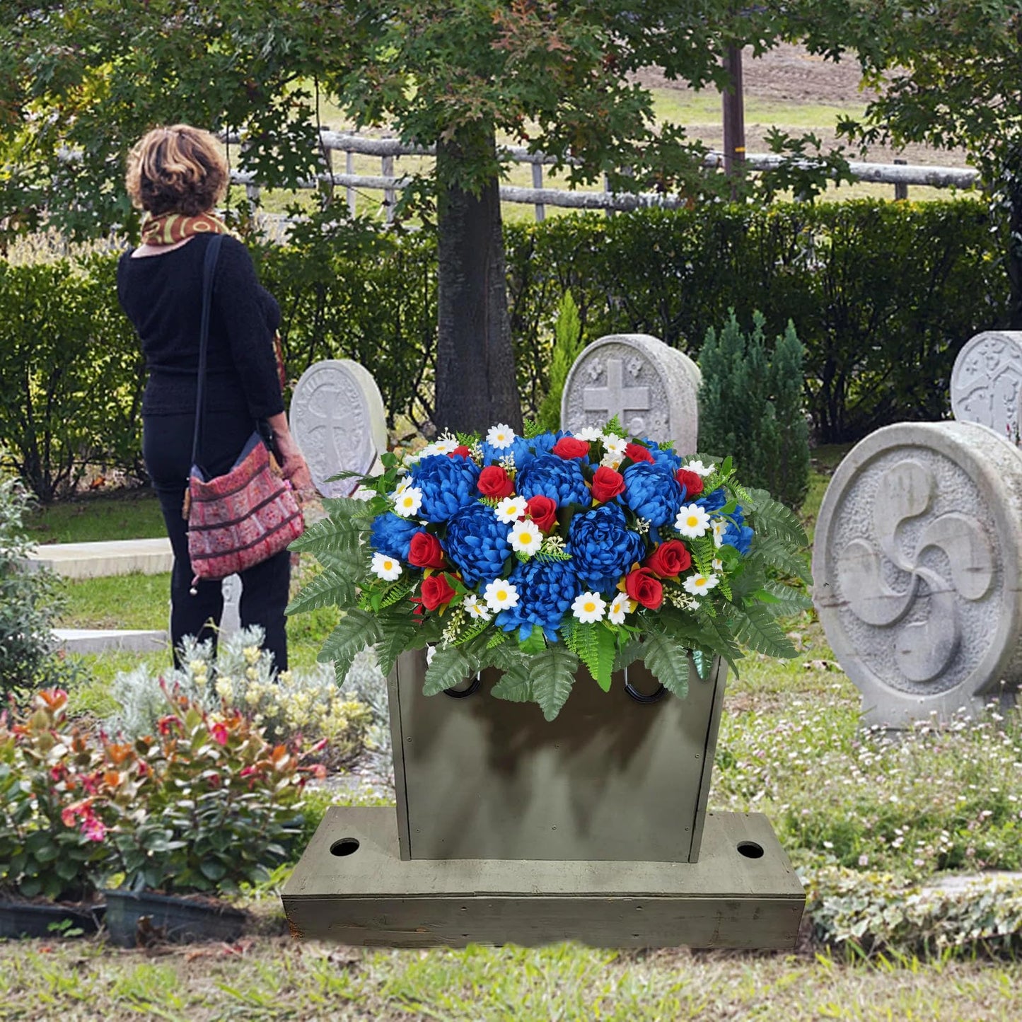 MHMJON Artificial Saddle Flowers for Cemetery Headstone, Realistic Red White Blue Flowers Fake Mums Silk Rose Floral Arrangement Saddle for Headstone Grave Tombstone 4th of July Decor