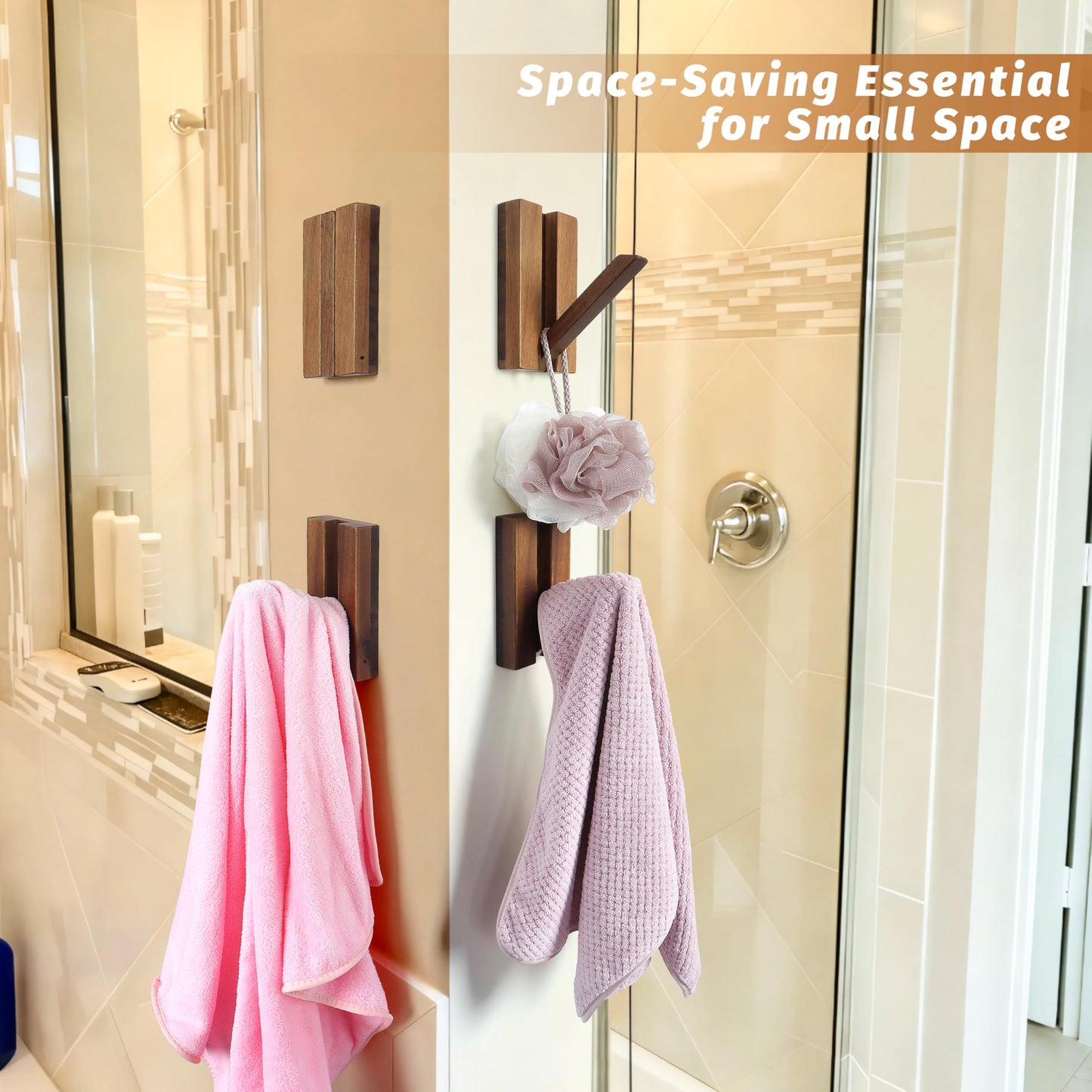 KYIAANY Foldable Wall Hooks 4Pack: Rustic Wooden Coat Hooks Mounted for Heavy Duty Hanging Towels Backpack Bags Hats, Space Saving Minimalist Decorative Hooks for Aesthetic Homeowners