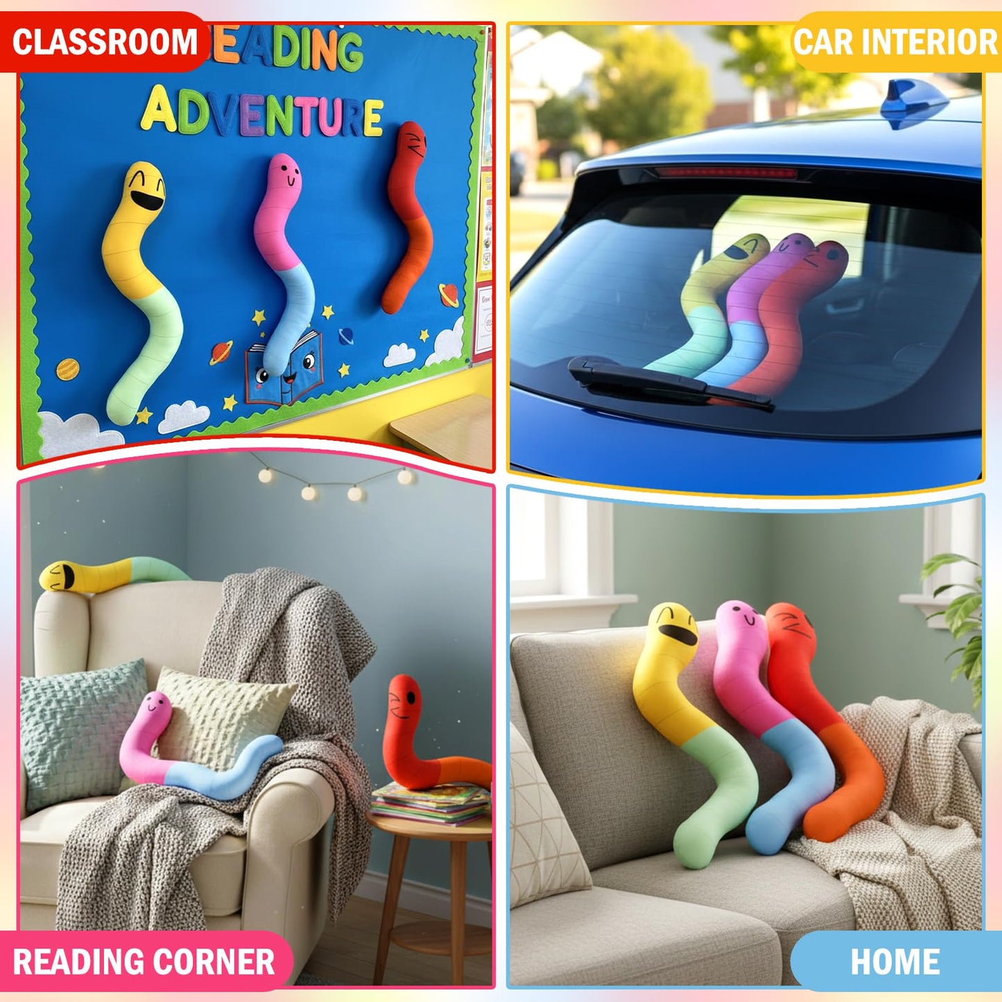 Newwiee 3 Pcs Gummy Worm Pillow Cushion 16" Gummy Worm Plushie Prop Candy Prop Stuffed Figure Pillow for Plushie Lover Gift Bedroom Home Sofa Decor
