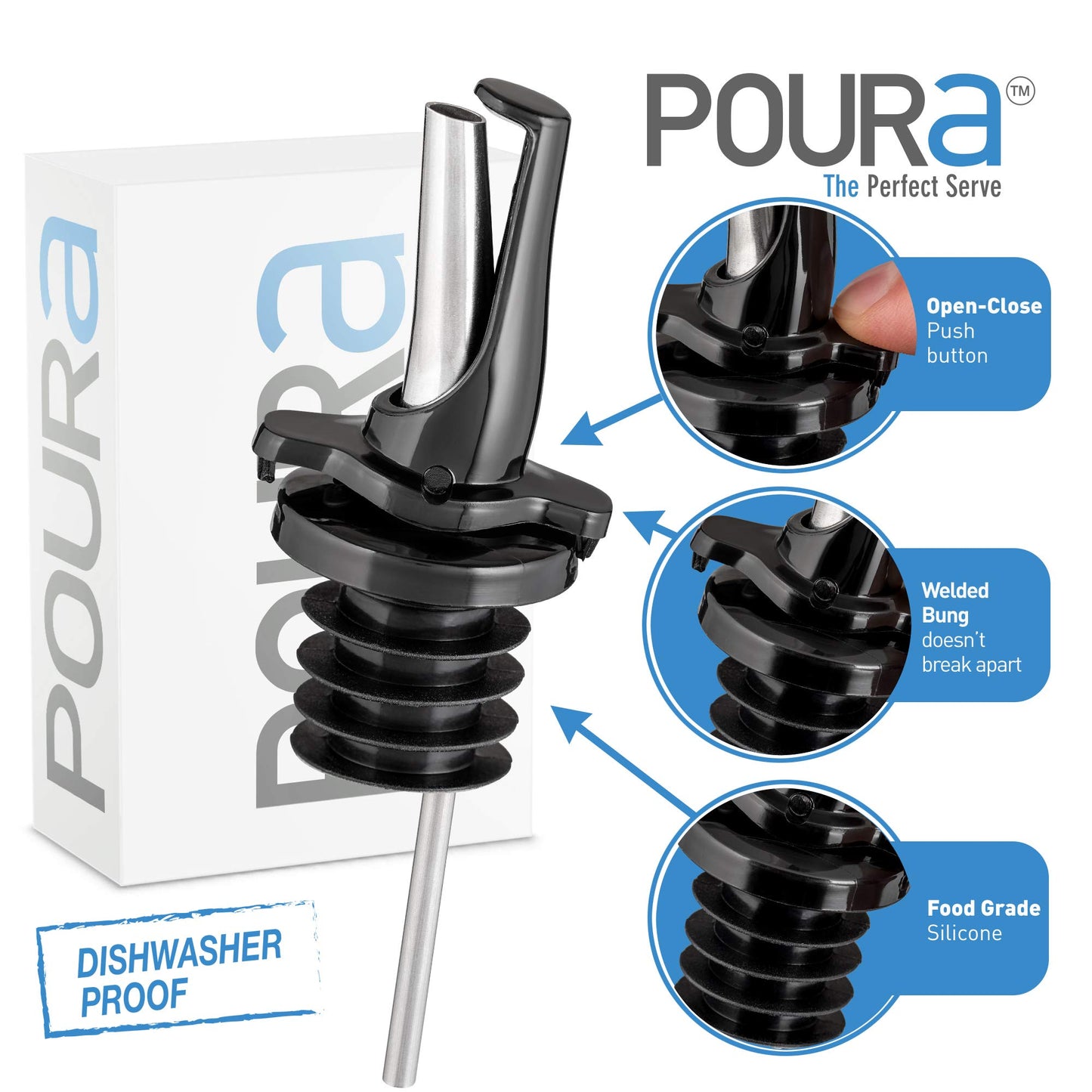 Liquor Bottle Pourers - Patented Design Pour Spouts - Open and Close for Mid Pour Shut Off - Fits Universally to Most Bottles - Meet The New Standard of Bottle Pourers - Black - 12 Pack