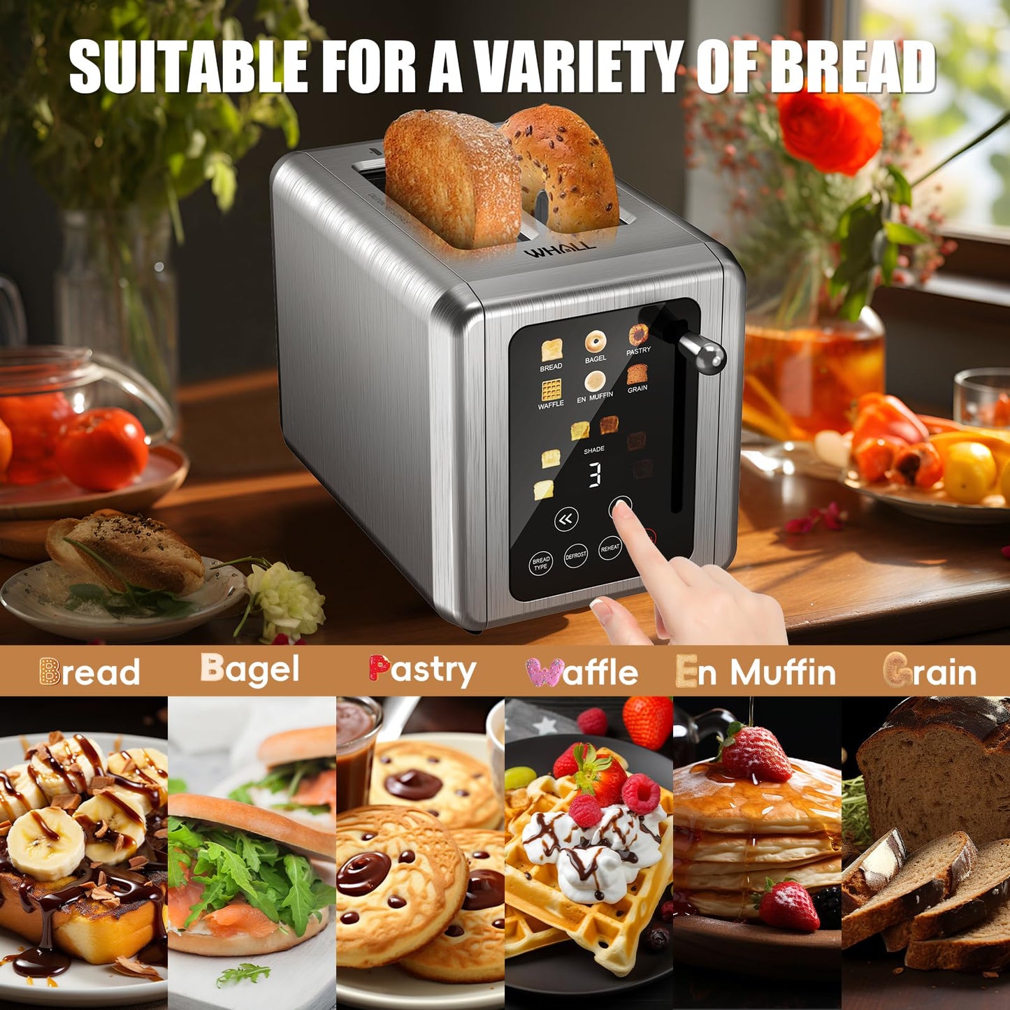 WHALL® Touch Screen Toaster 2 Slice, Stainless Steel Digital Timer Toaster, 6 Bread Types & 6 Shade Settings, Smart Extra Wide Slots Toasters With Bagel, Cancel, Defrost Functions