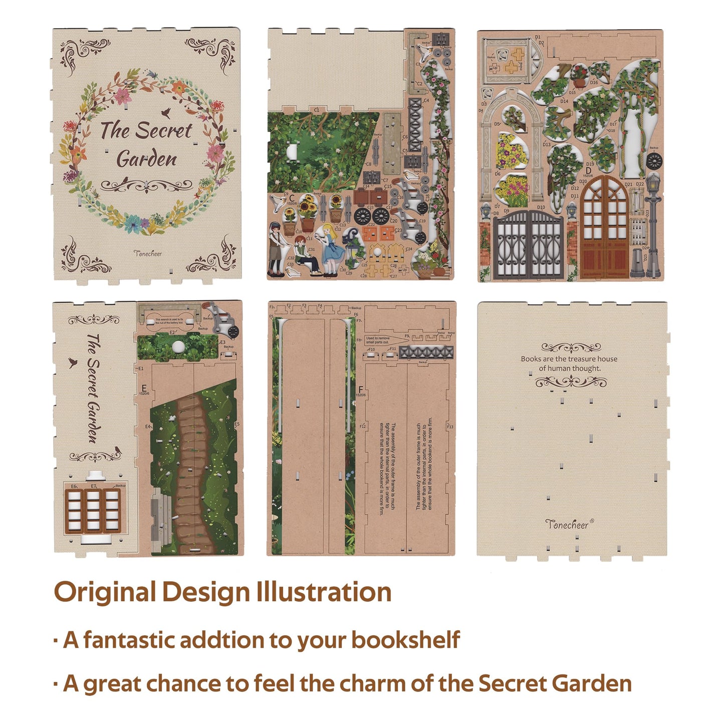 Tonecheer DIY Book Nook Kit for Adults, Booknook Wooden 3D Puzzle Bookend Garden Miniature House Kit, Fantasy Bookshelf Decor with Sensor LED Light Gifts for Birthday (The Secret Garden)