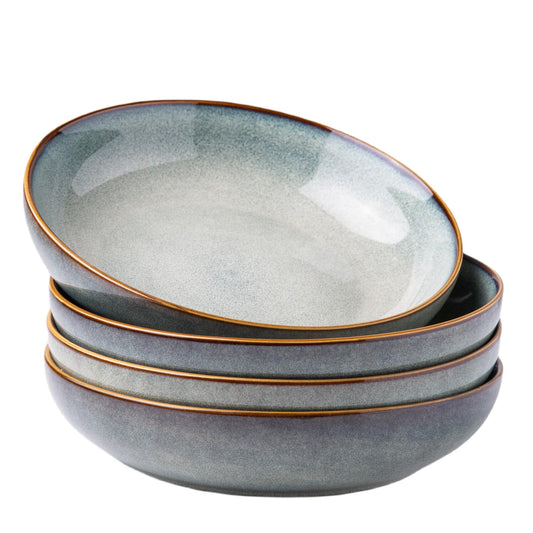 AmorArc 8.5'' Large Ceramic Pasta Bowls, 36oz Stoneware Pasta Serving Bowls Set of 4 for Kitchen, Wide Bowls for Pasta,Salad,Oatmeal, Microwave Safe, Reactive Glaze-Ocean