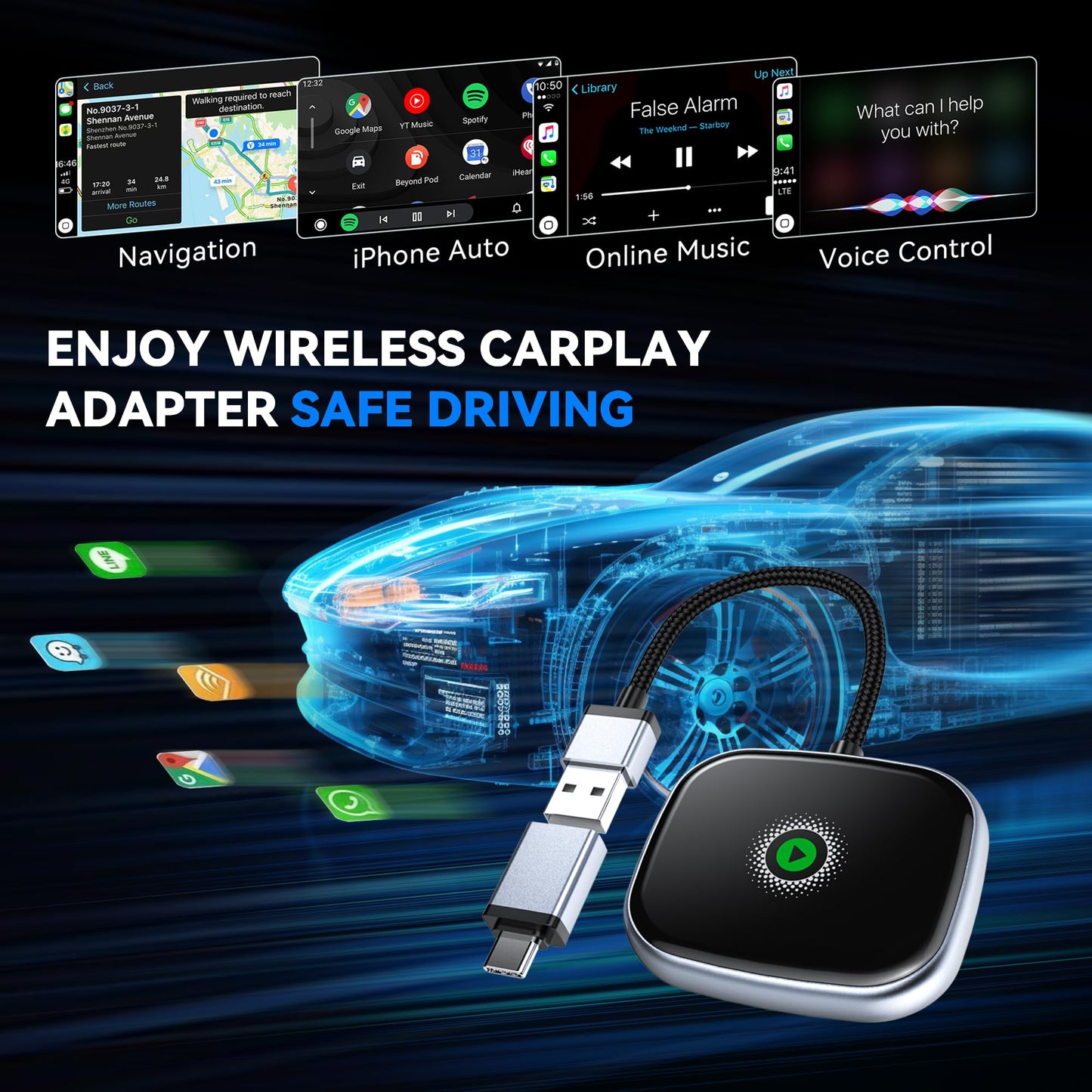 Wireless CarPlay Adapter, Wireless carplay Adapter for iPhone-Easily Upgrade Wired CarPlay to Wireless Connectivity, Includes USB-A to USB-C Adapter, Plug & Play for iPhone (iOS 10 and Above)