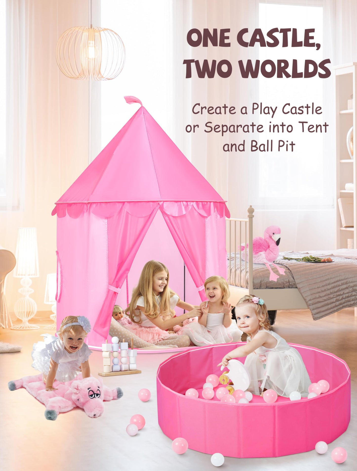 Hikiddy 3-in-1 Ball Pit & Play Tent for Toddlers: Large 40" Pink Kids Ball Pit and Princess Tent - Princess Castle Playhouse Tent for Girls Kids Babies - Foldable Portable Toys for Indoor & Outdoor