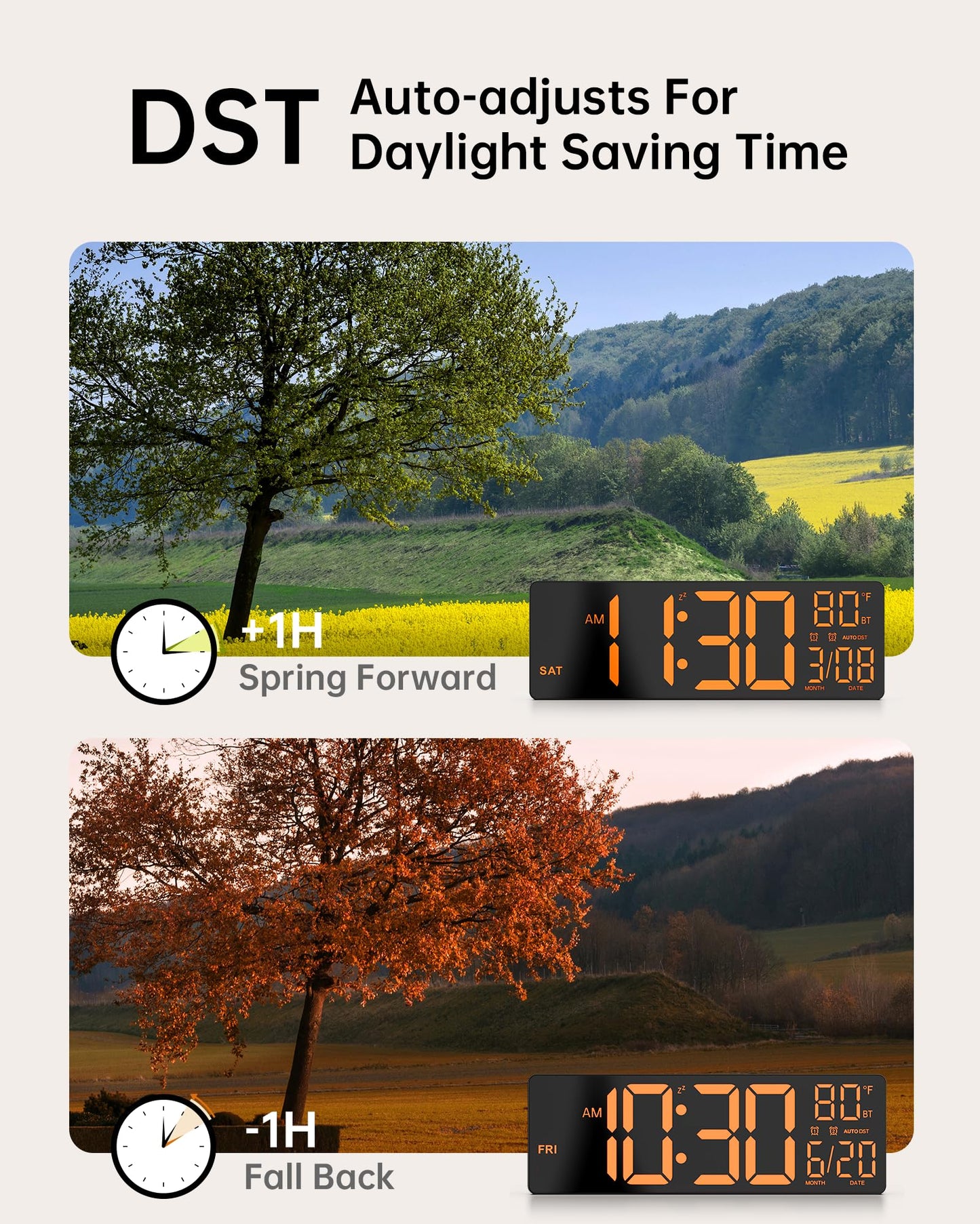 EASYERA 12" Digital Wall Clock for Classroom Livingroom Game Home Decor with LED Display RGB Lights, BIuetooth Sync, Dual Alarms, Auto DST, Countdown, Remote Control, Temperature