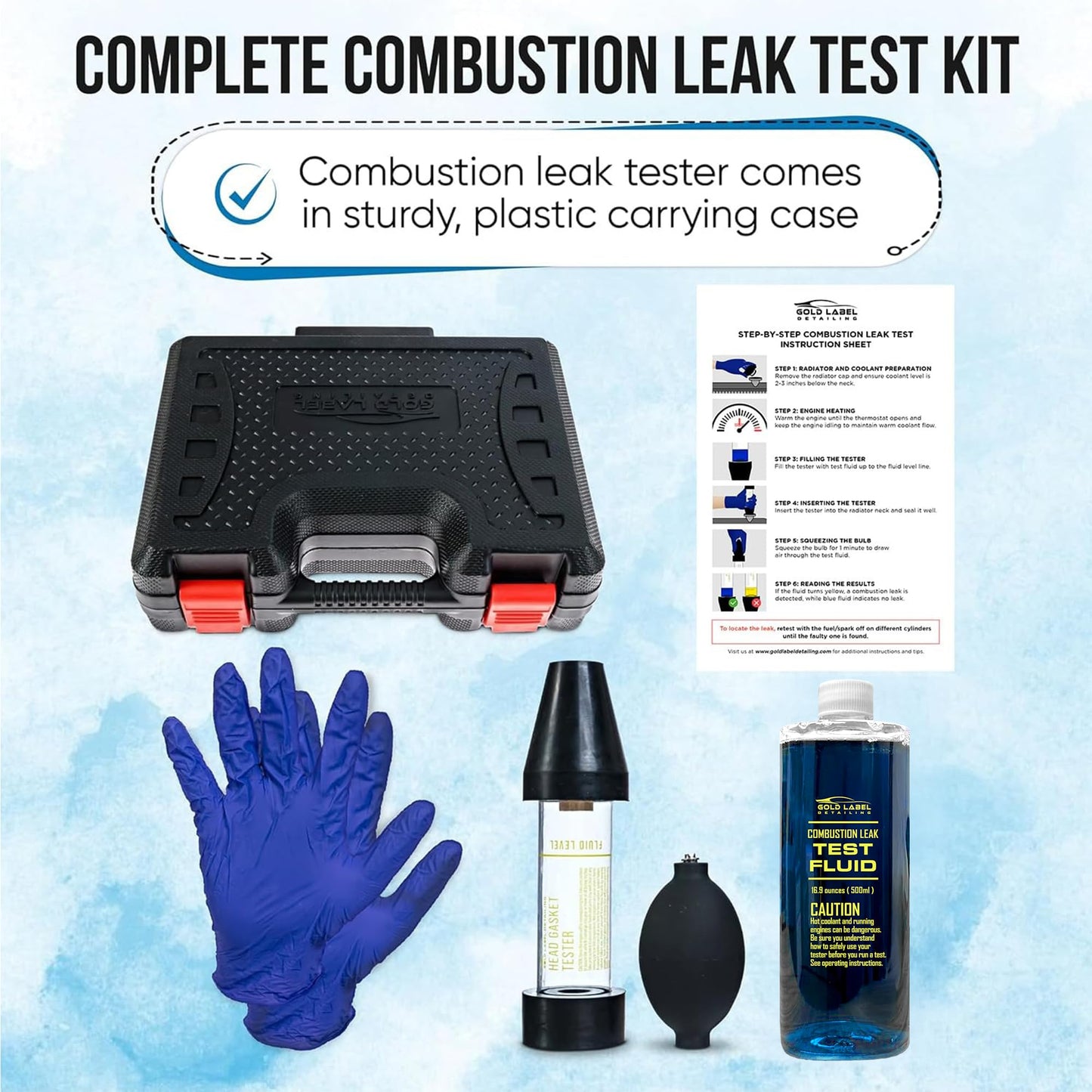 Gold Label Detailing Combustion Leak Detector Kit - 100+ Tests Automotive Engine Block and Head Gasket Tester, Ideal for Detecting Blown Gaskets (Tester with 16.9oz Fluid)
