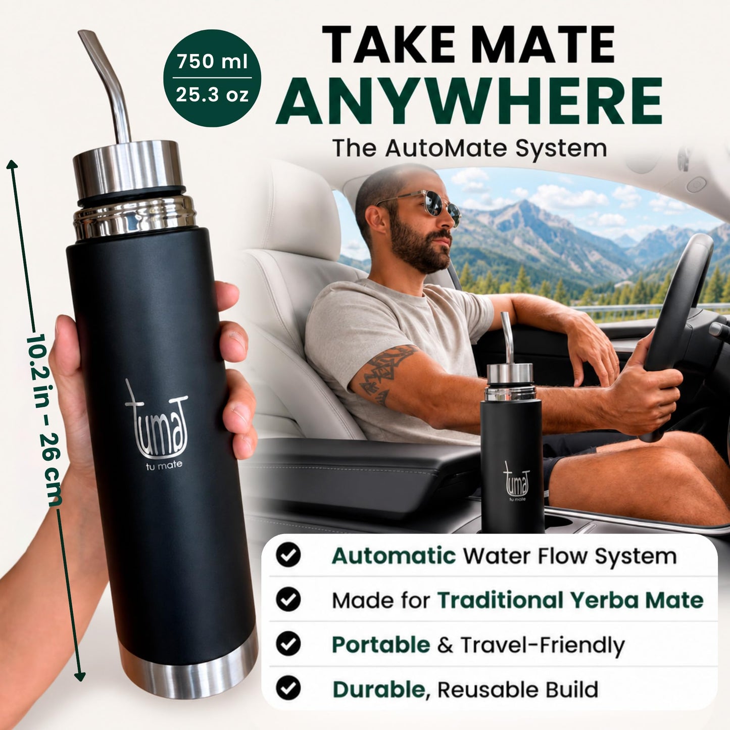 Tuma Tu Mate Automate - Self-Serving Yerba Mate Cup & Insulated Thermo Bottle with Spout, Mate Listo Fluvion Autocebante System, Stainless Steel Kit with Thermometer & Measuring Spoon, 750ml - 25.3oz