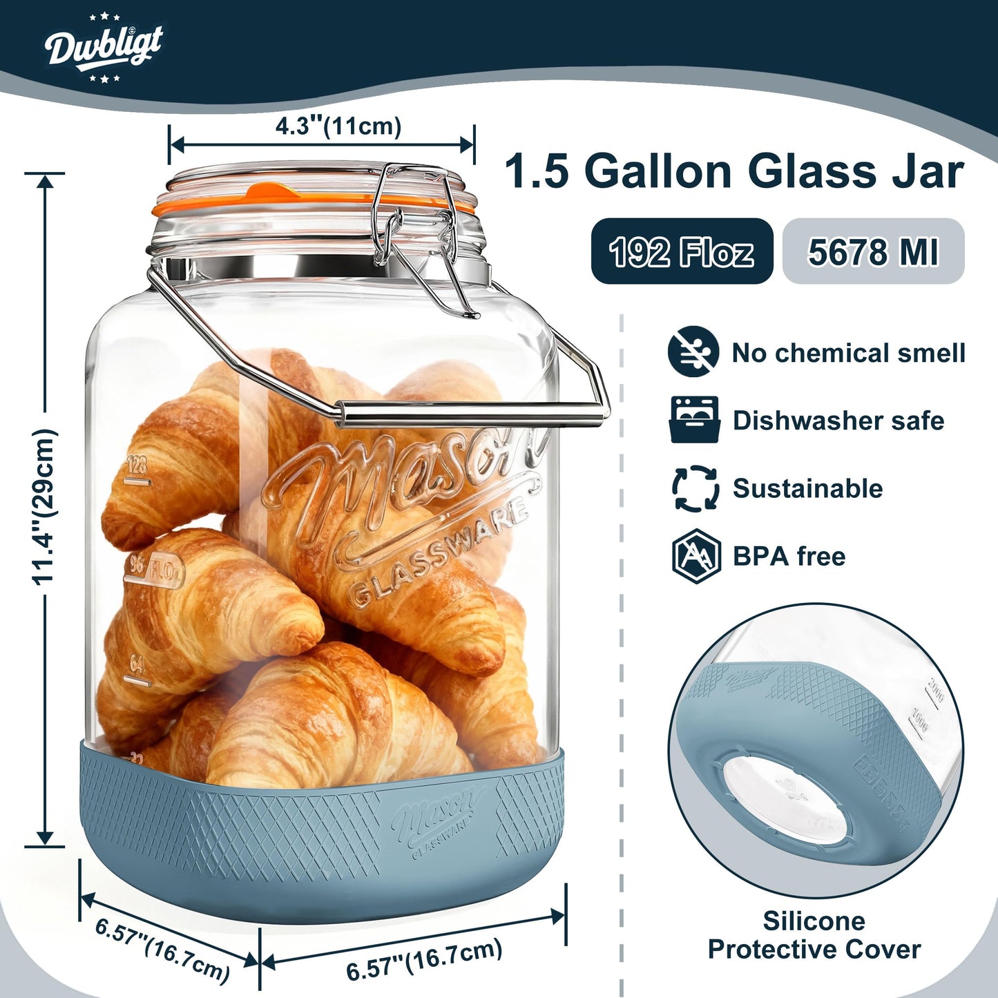 Dwbligt 2 Pack 1.5 Gallon Glass Jar With Airtight Lid, Square Large Mason Jars Wide Mouth with Scale Marks and Stainless Steel Handle-192 Oz Non-slip Glass Storage Containers for Flour Sugar Cookie