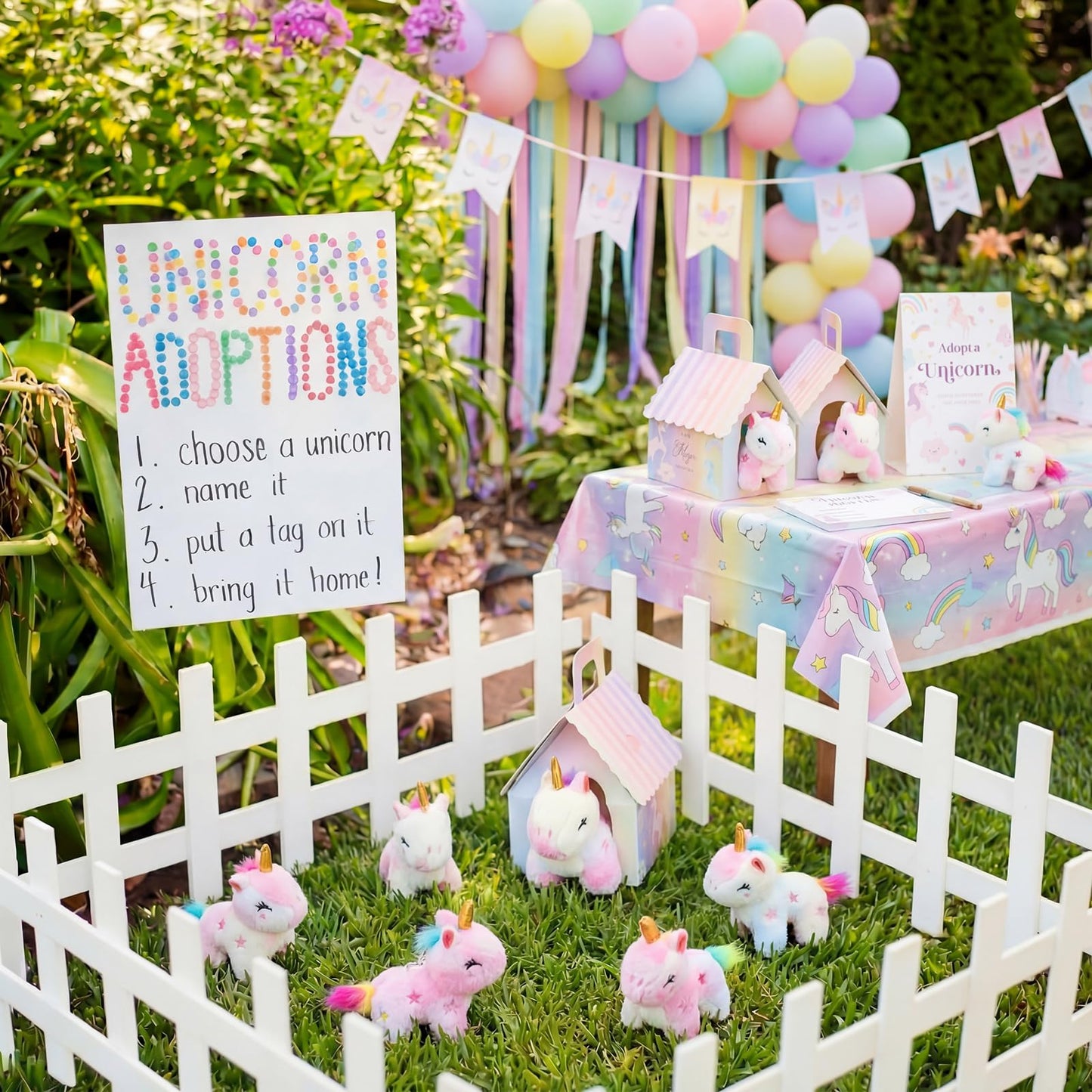 Blueweenly 73 Pcs Adopt a Unicorn Party Favors Set for Girl Mini Plush Unicorn Stuffed Animal Gift Box Adoption Card 1 Animal Sign with Carton House for Adopt Pet Party Birthday (Gradient Closed Eye)