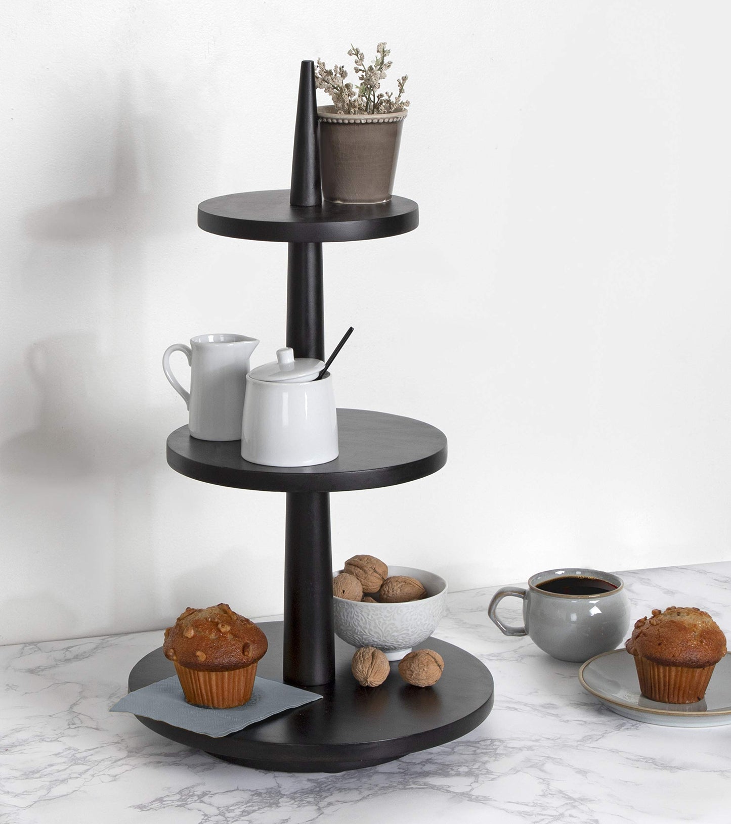 Kate and Laurel Praxis Modern 3-Tiered Tray, 12 x 12 x 23, Black, Decorative Farmhouse Serving Tray for Display
