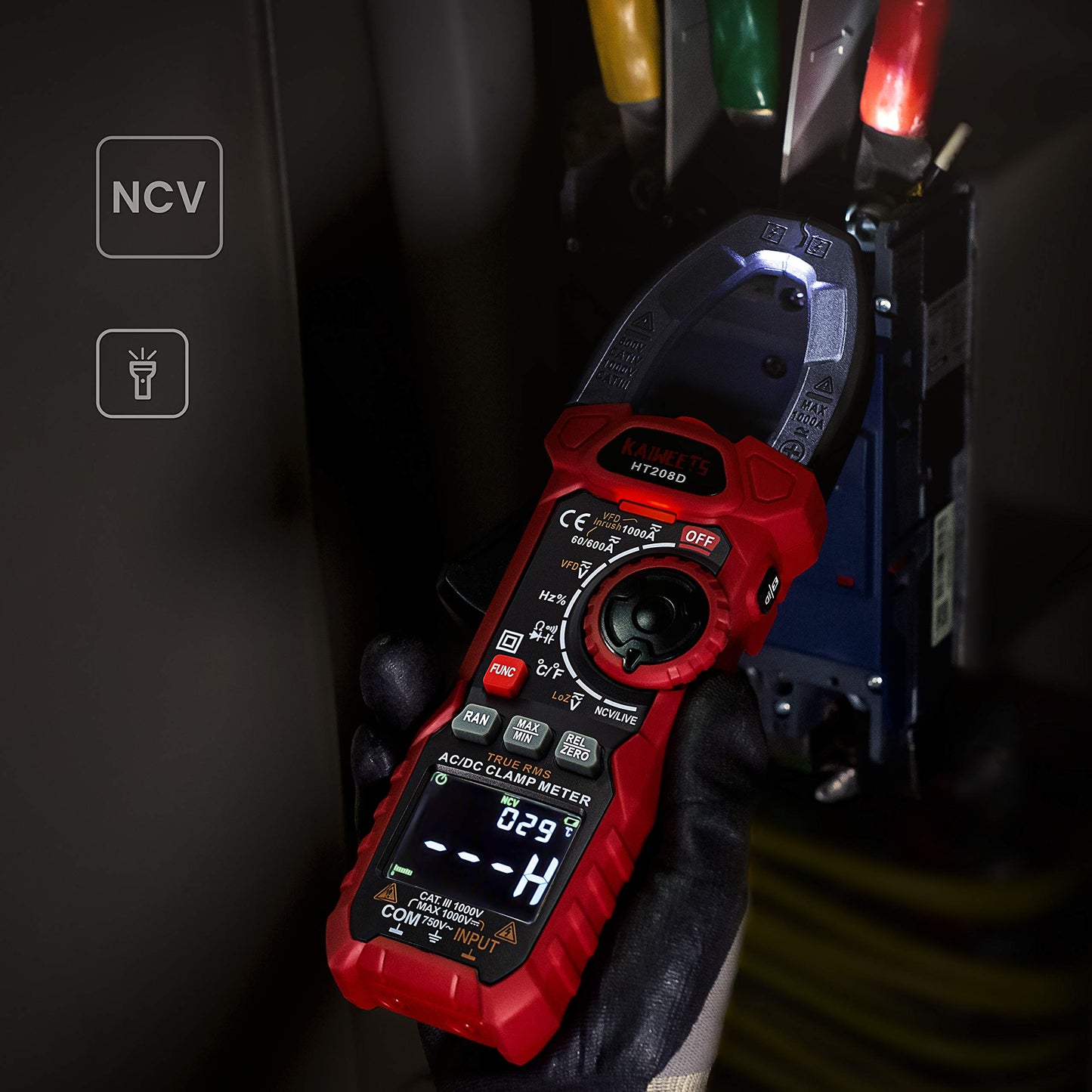 KAIWEETS HT208D Inrush Clamp Meter 1000A True RMS AC/DC Current Amp Meter, VFD, LOZ Mode, 6000 Counts, Measures Current Voltage Temperature Capacitance Resistance Diodes Continuity Duty-Cycle