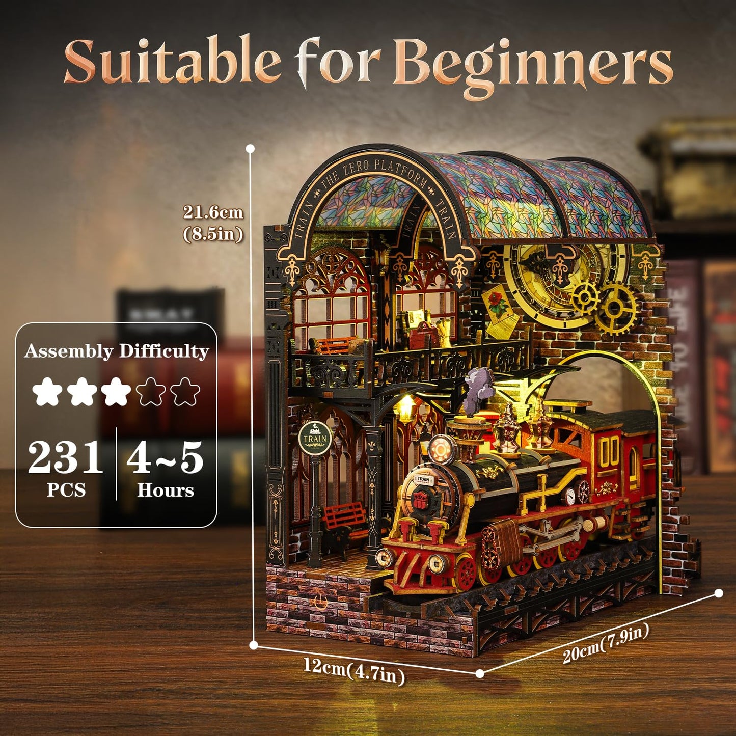 Book Nook Kit - DIY Book Nook Kits for Adults and Teens, 3D Puzzle Miniature House Kit with LED Lights, Elegant Wooden Book Stand Insert Decoration (Magic Station)