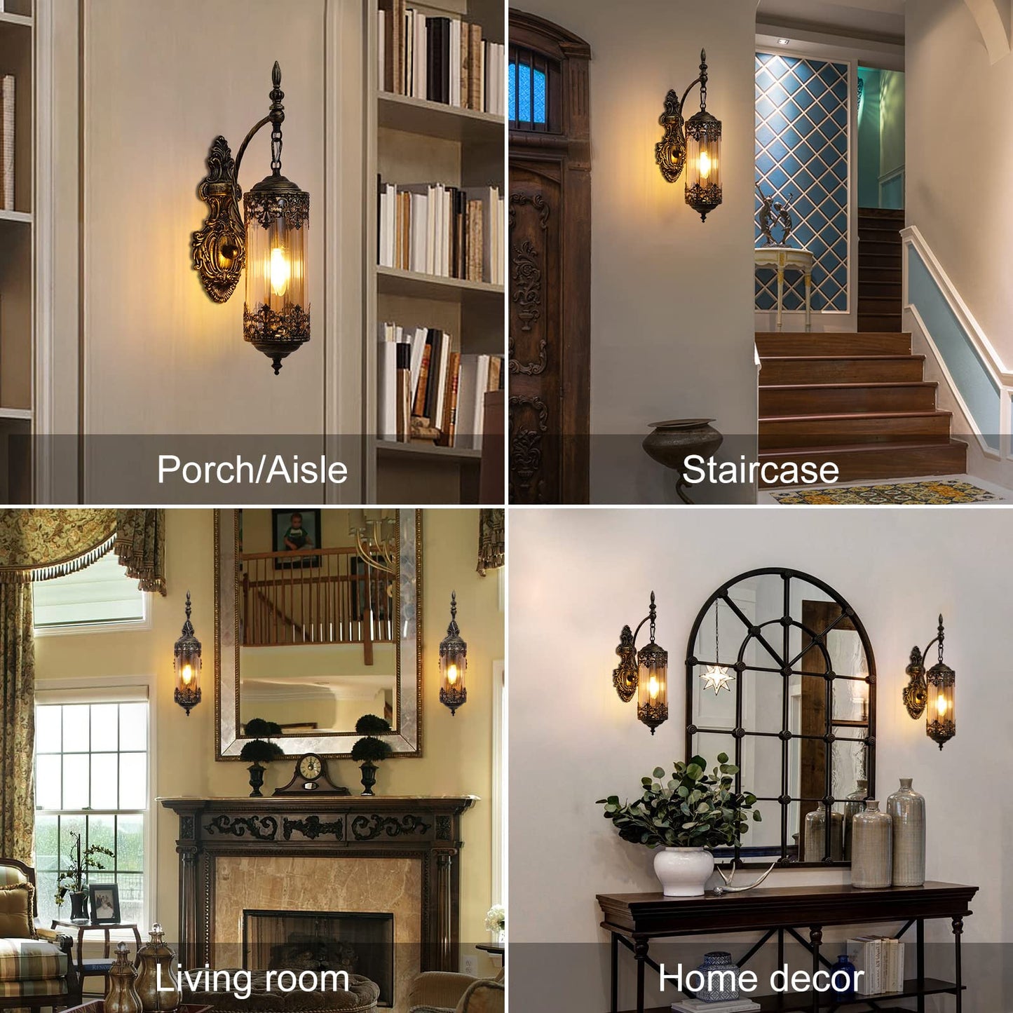 RONGHUAFUGUI Rustic Wall Sconce with Amber Glass Mini Vintage Antique Gothic Wall Light Fixture Retro Farmhouse Mid Centry Lantern Wall Sconce for Bedroom, Hallway, Mirror, Bursh Gold, E12