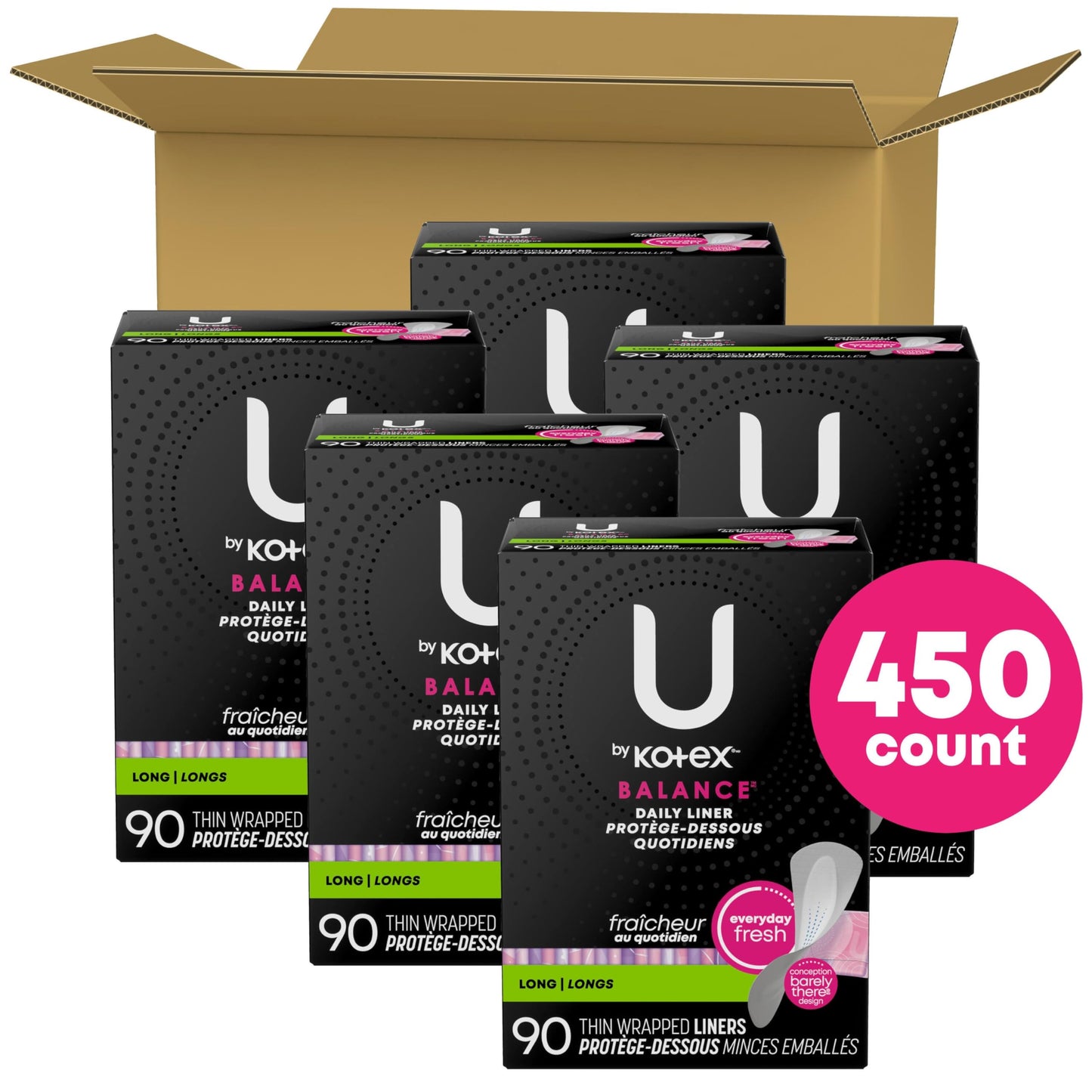 U by Kotex Balance Daily Wrapped Panty Liners, Light Absorbency, Long, 450 Count (5 Packs of 90) (Packaging May Vary)