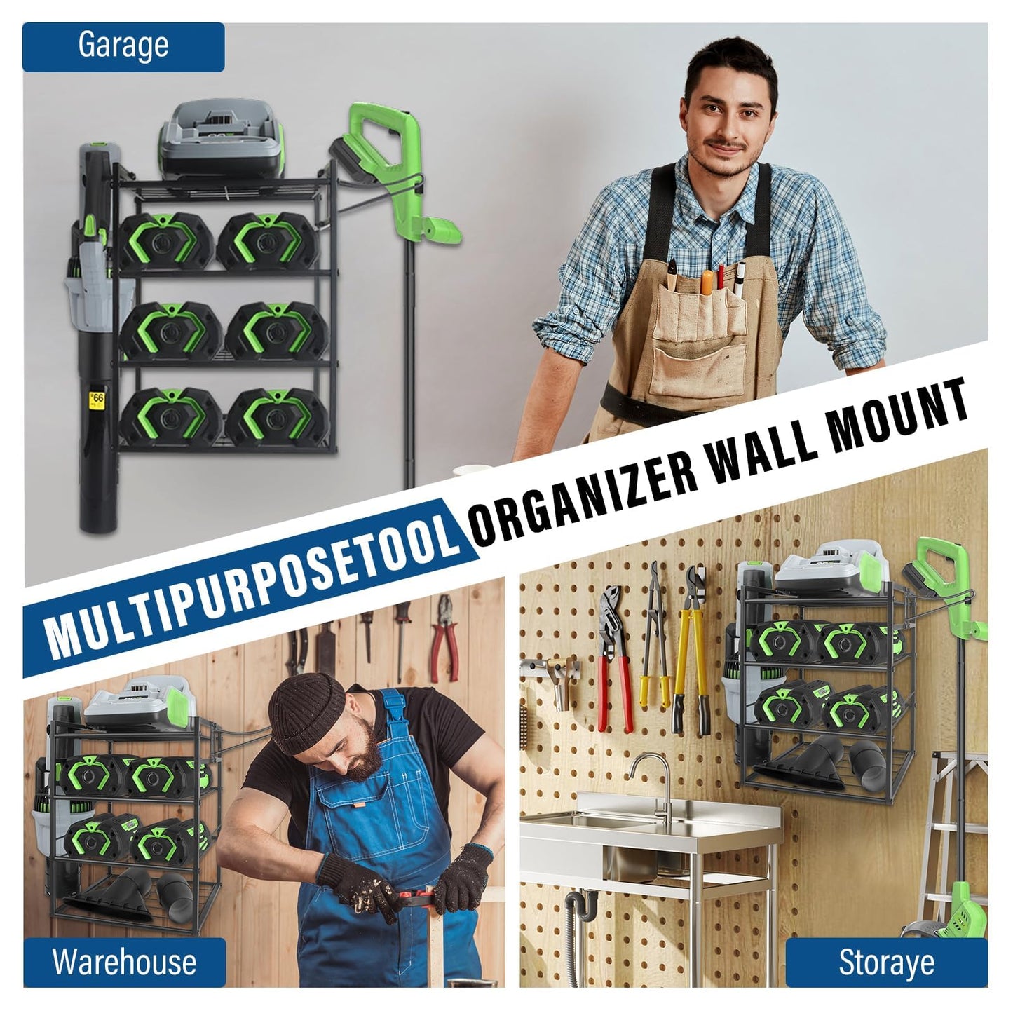 JAYOBGO Power Tool Organizer Wall Mount - Lawn Weed Eater Rack Hanger Power Tool Heavy Duty Holder for Ego Leaf Blower and Weed Eater, 2-in-1, Only Shelf