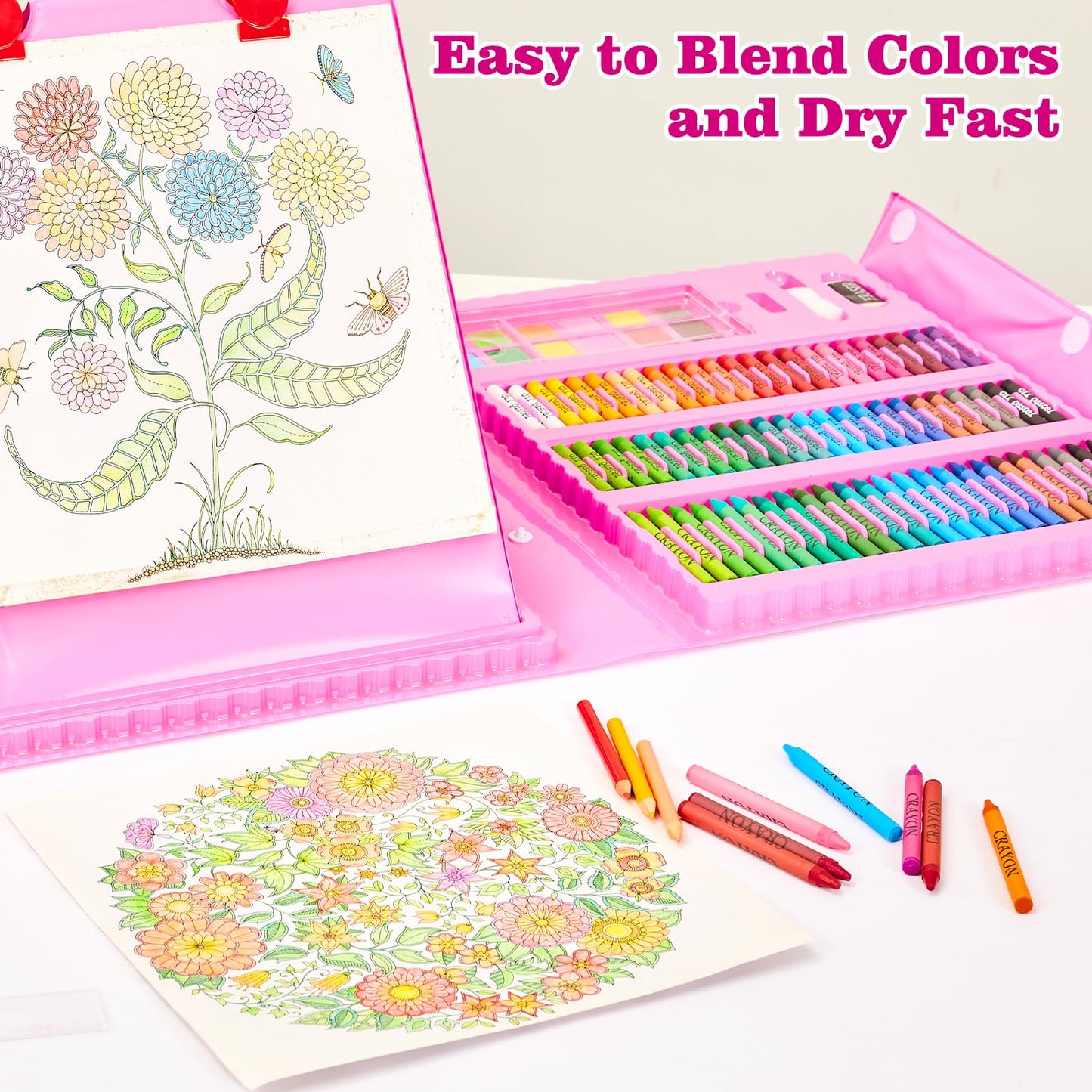 KINSPORY Art Kit, 290 Pack Art Set Crafts Drawing Kit for Kids, Double-Side Trifold Easel, Coloring Book, Sketch Pad, Pastels, Crayons, Pencils, Beginner Artists Gift (Pink)