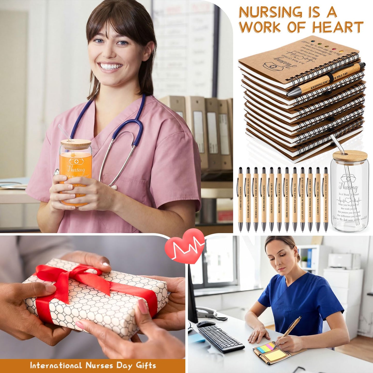Resurhang 12 Sets/36 Pcs Nurse Week Appreciation Gifts Bulk Inspirational Spiral Notebook with Sticky Note, Ballpoint Pens and 17 oz Clear Glass Cup Thank You Gift for Medical Assistant Coworker
