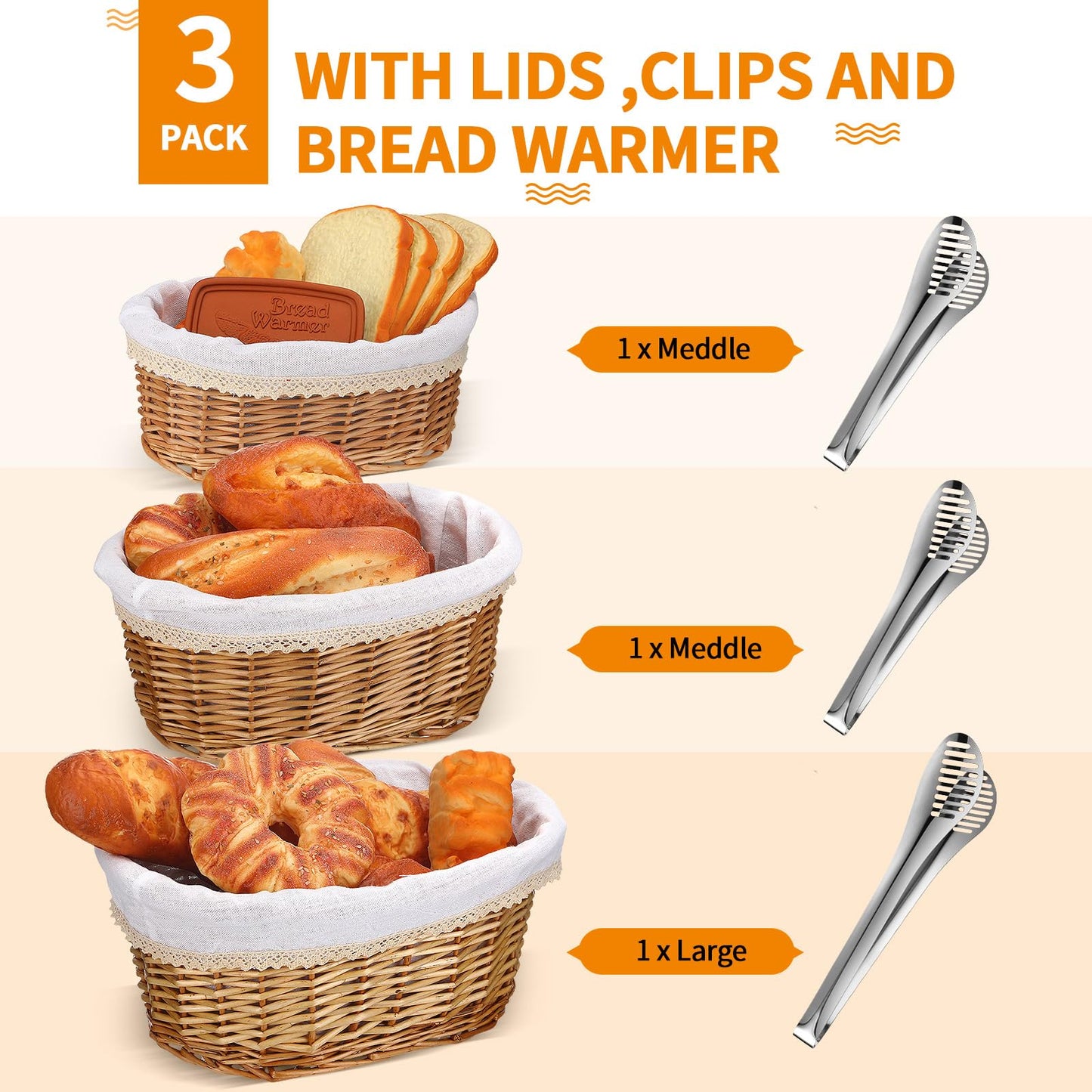Havawish 3 Pack Wicker Bread Baskets Winter Valentines Gifts Handmade Serving Woven Baskets with Warmer Stones Removable Liner Cover Tongs 3 Sizes for Home Kitchen Housewarming Gifts