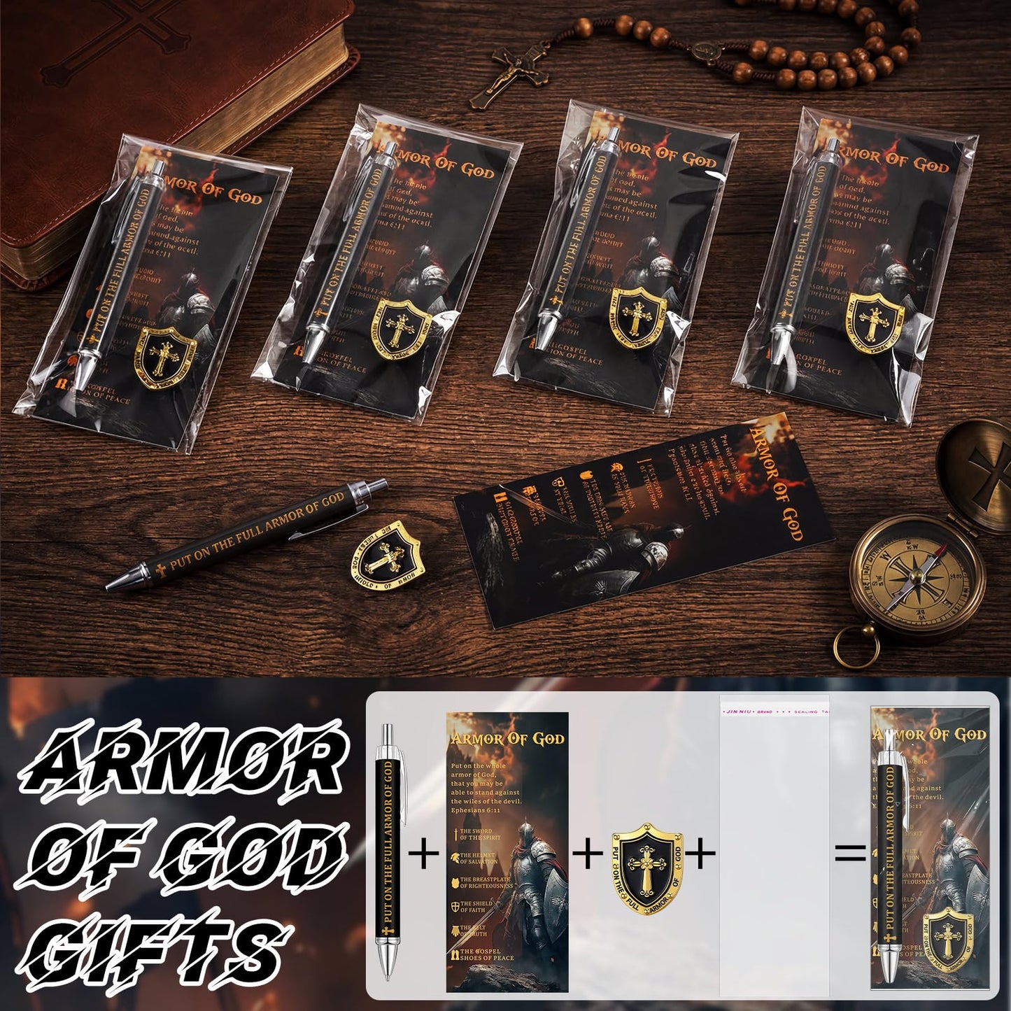 Sayglossy 200 Pcs Armor of God Gifts Bulk, Fathers Day Christian Church Gifts Ballpoint Pen and Inspirational Bookmark, Pins, Opp Bags for Men Pastor Church Group