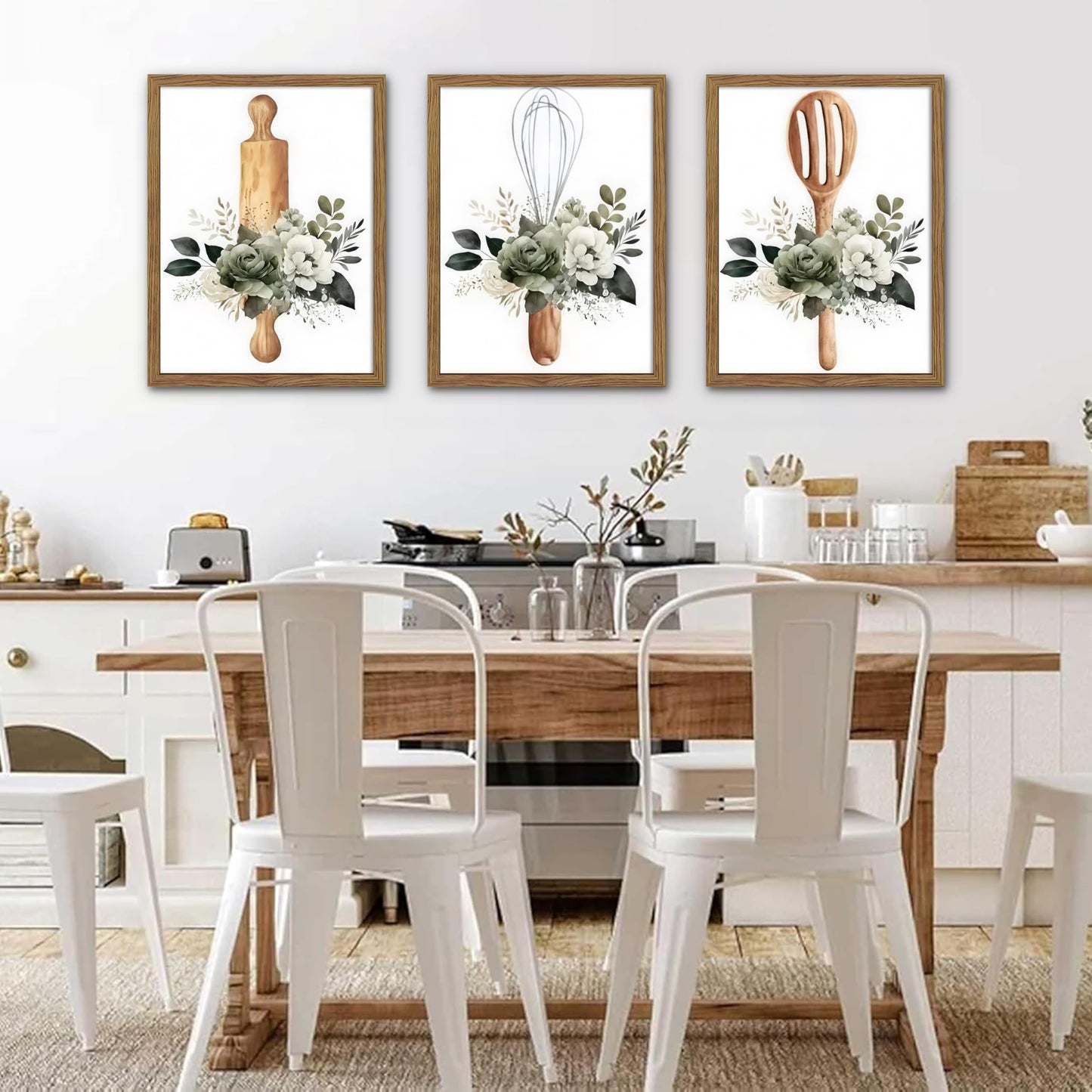 Modern Kitchen Canvas Wall Art Set of 3 – Framed Minimalist Floral Plant Wall Decor, Flowers Kitchen Utensil Posters Prints for Kitchen Dining Room Home Decor – 12x16in