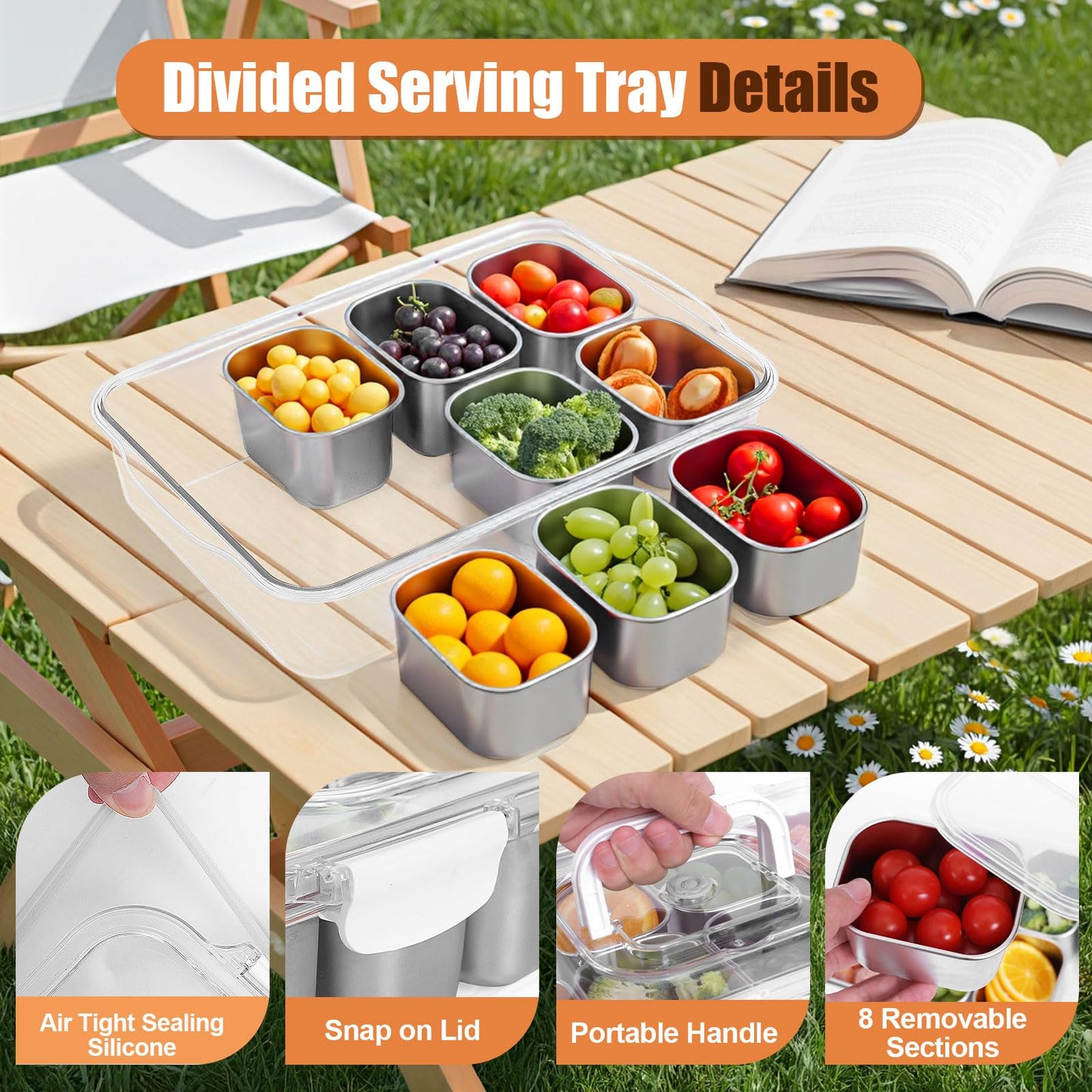 Snackle Box Container with Ice Pack, 304 Stainless Steel Divided Serving Tray, Snacklebox with Insulated Bag, 8 Compartment Platter Box with Lid and Handle for Beach, Road Trip, Boat Days, Pool Party