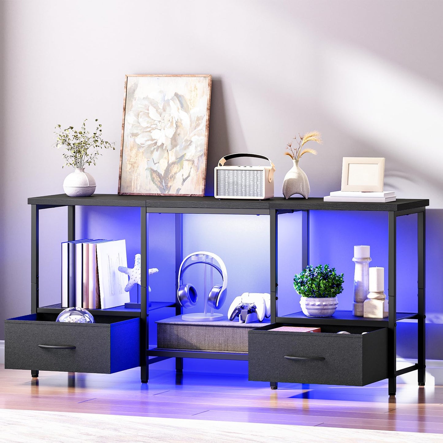 HOOBRO LED TV Stand with Storage, LED Entertainment Center with Open Shelves and Drawer, Fits TVs up to 55", Television Stand for Living Room, Bedroom, Black BB123DDS01G1