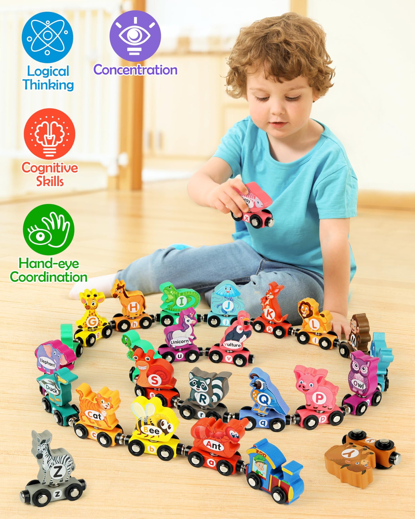 Helsort Wooden Alphabet Train Set for Toddlers – Magnetic ABC Train with Snap-Connection, Animal-Themed Educational Preschool Toy for Kids Ages 3-5, Montessori STEM Learning Gift for Boys and Girls